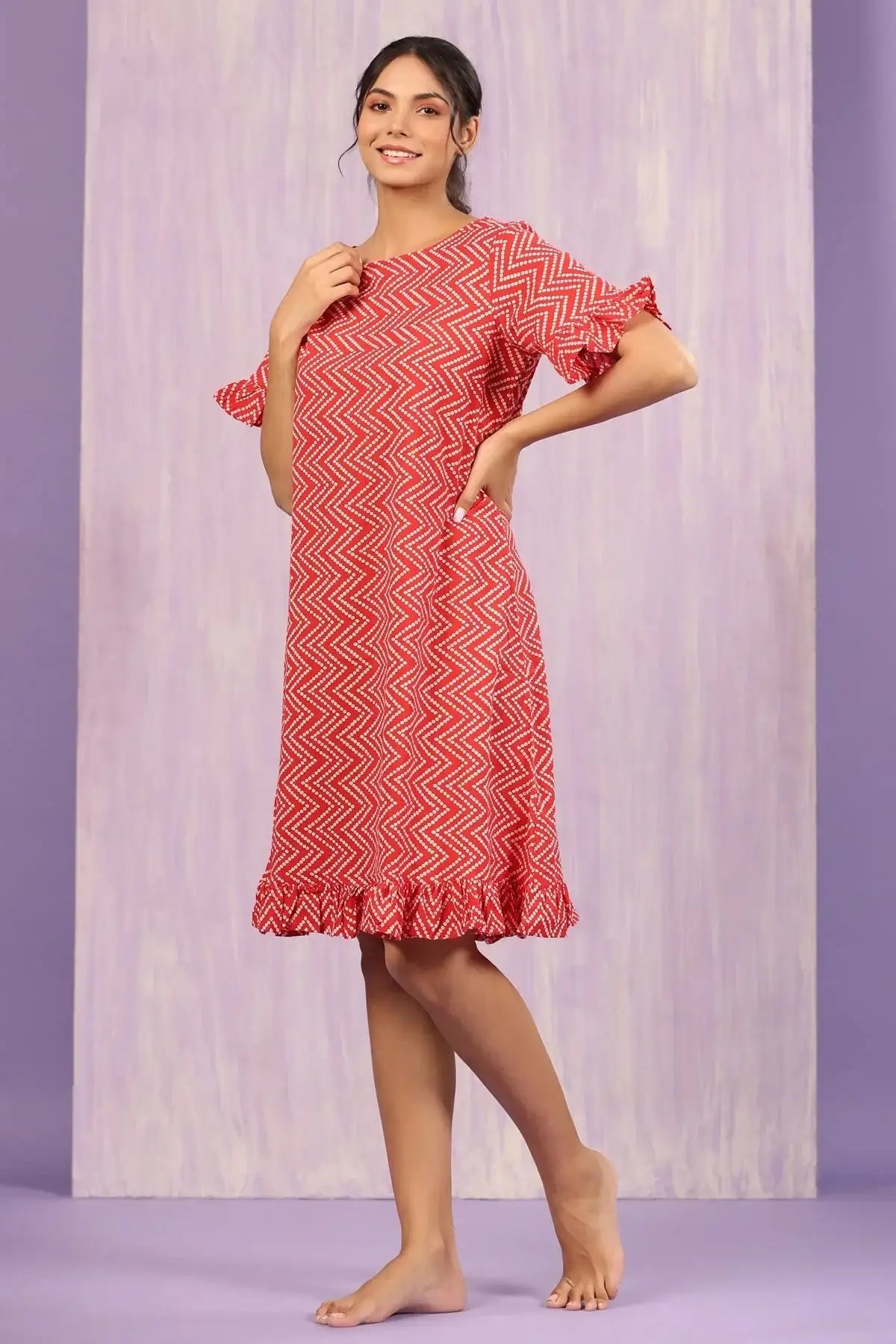 Patterned Bandhej on Red Cotton T-shirt Dress