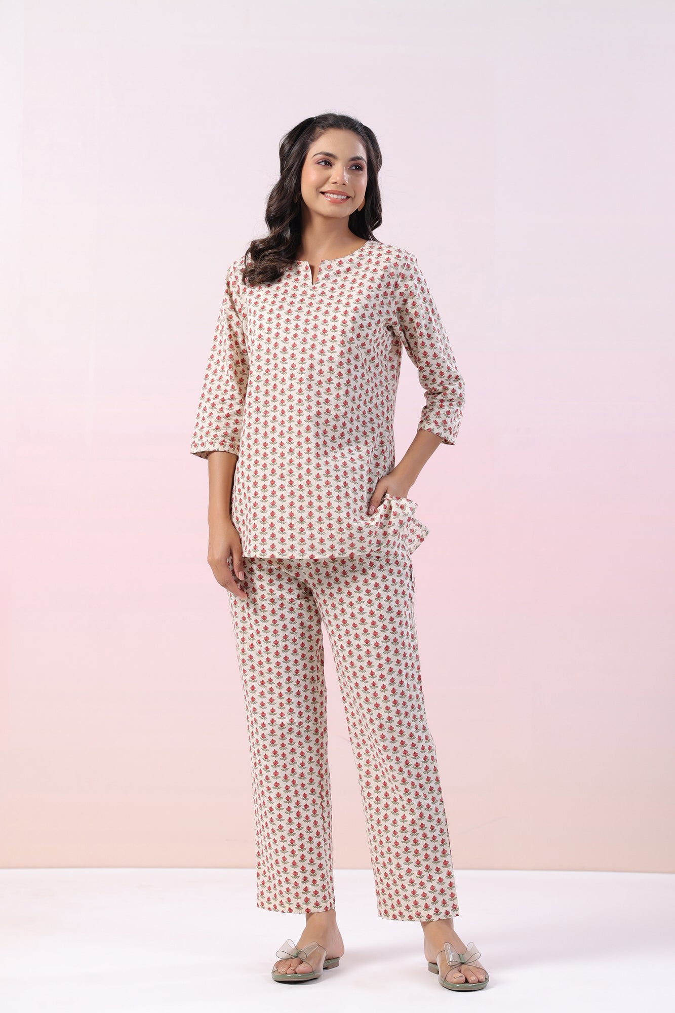 Magnolia Motifs Cotton Loungewear Top Set