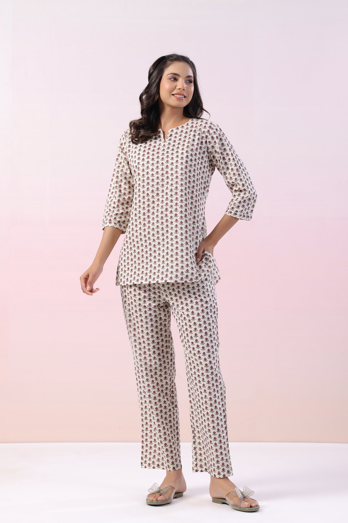 Gardenia Motif Cotton Loungewear Top Set