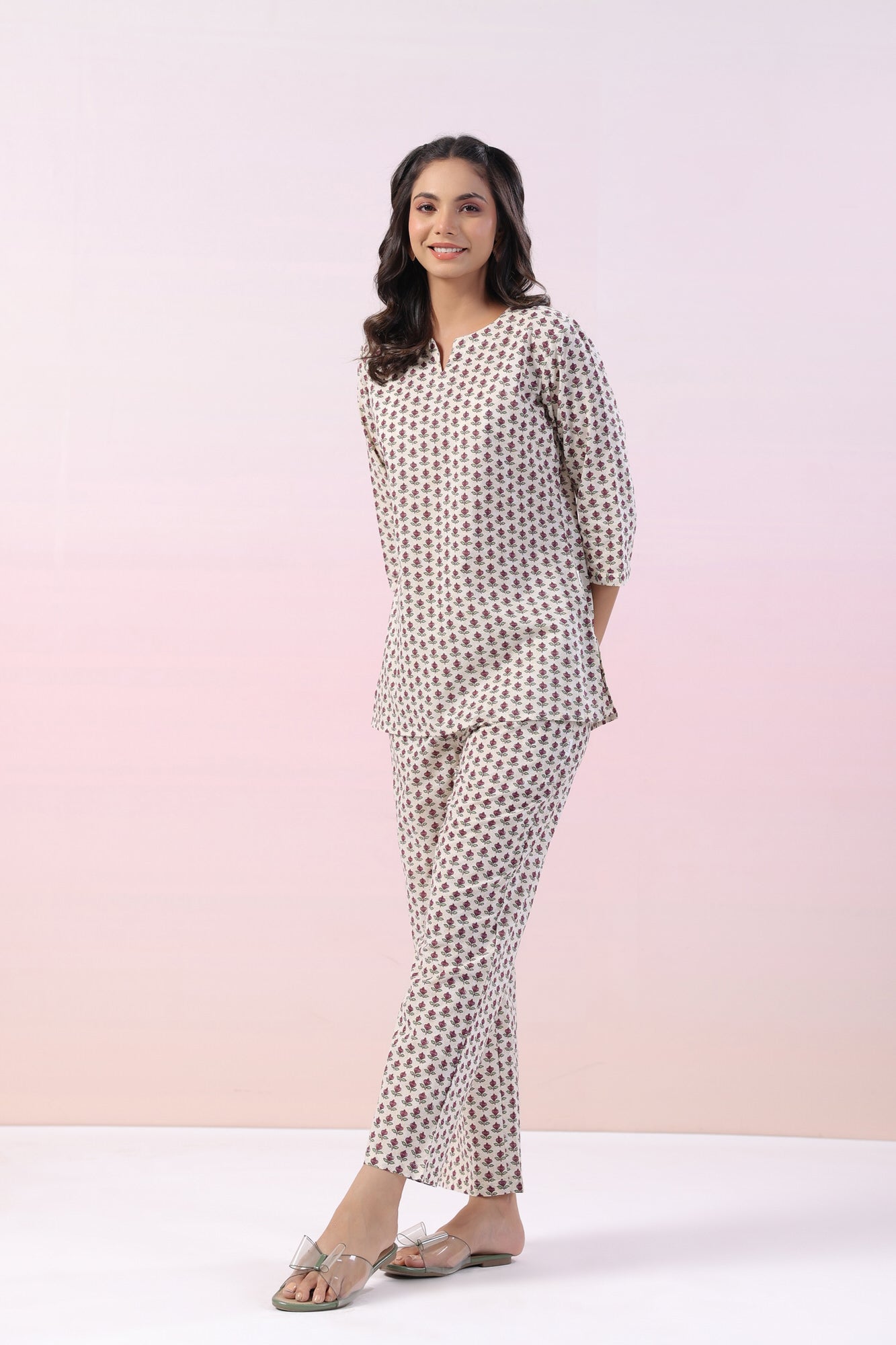 Gardenia Motif Cotton Loungewear Top Set