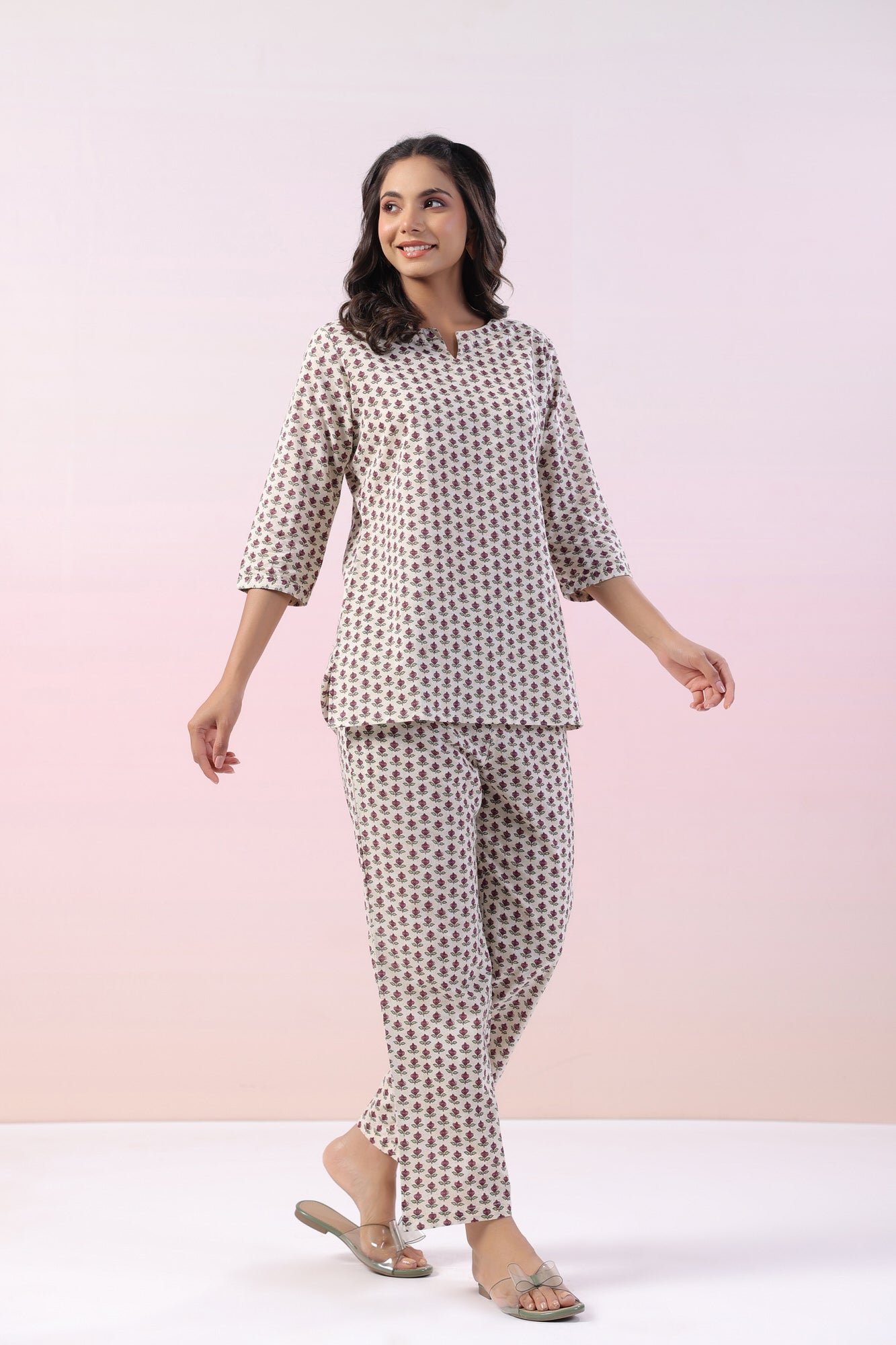 Gardenia Motif Cotton Loungewear Top Set