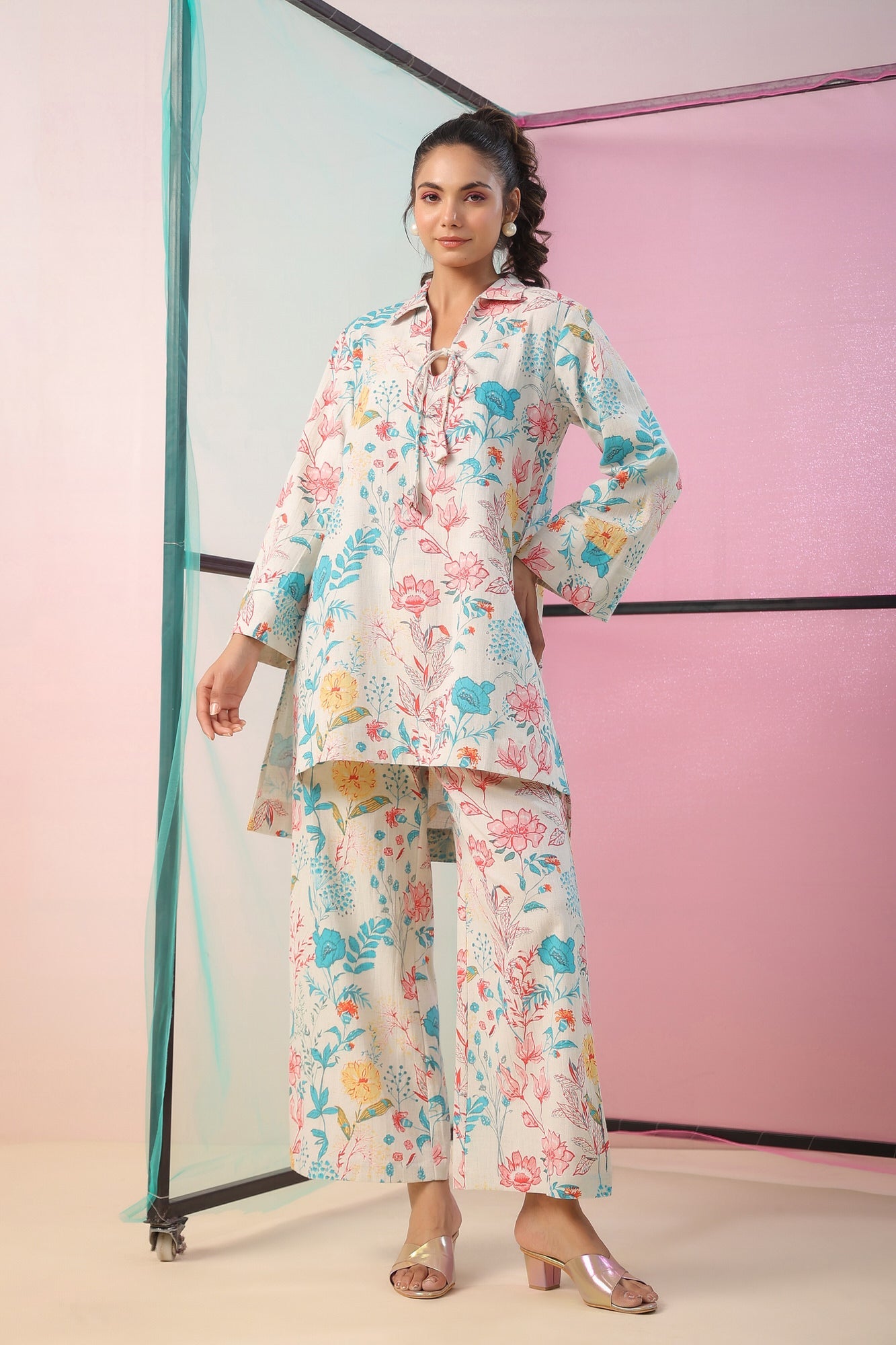 Florals On Cotton Flex Palazzo Loungewear Set