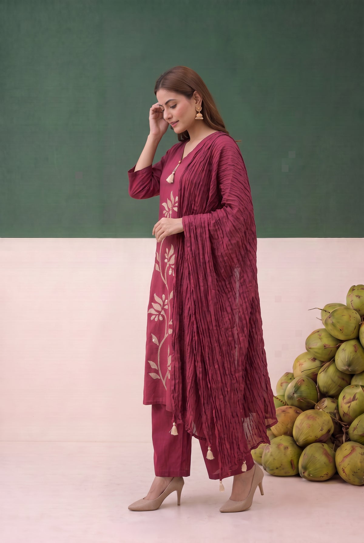 Maroon Artistic Floral Embroidered Cotton Kurta Set with Crushed Dupatta