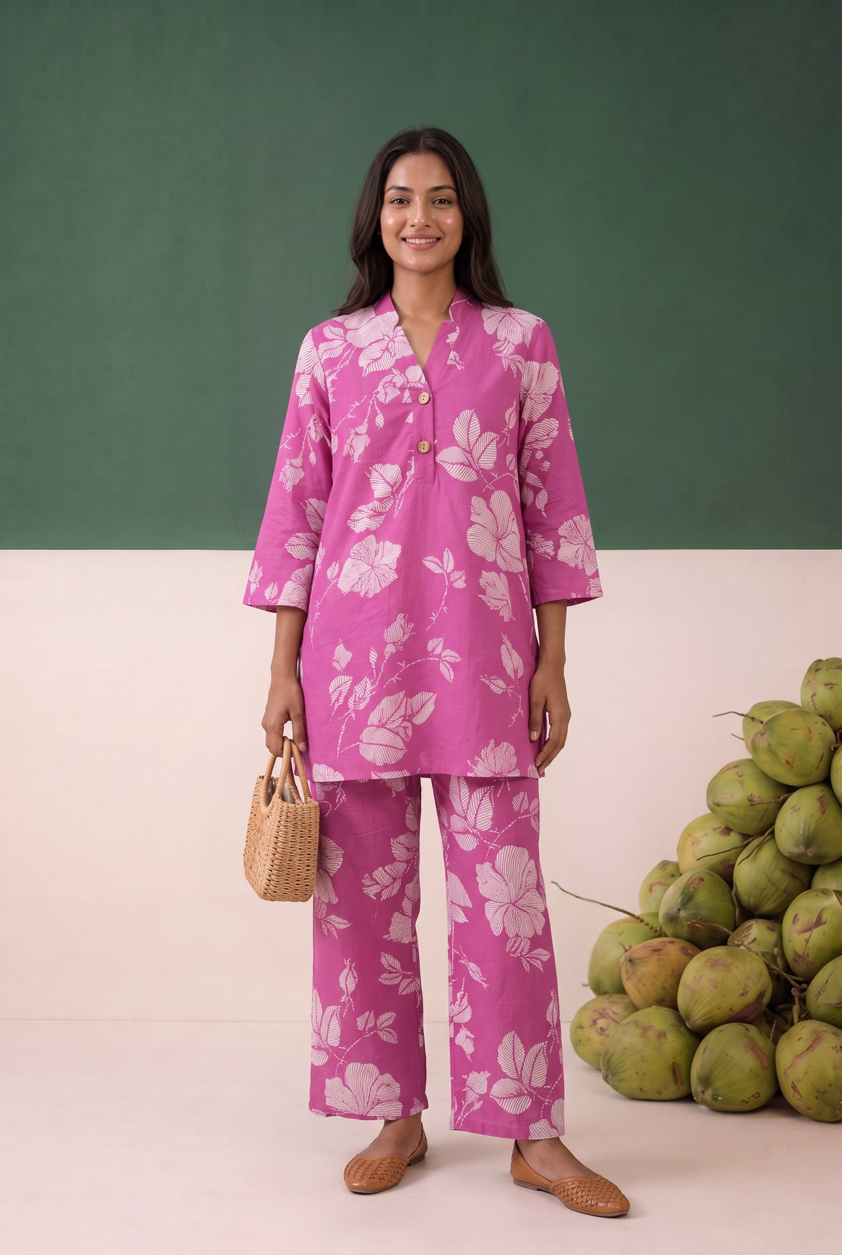 Pink All-Over Floral Foliage Printed Cotton Co-ord Set