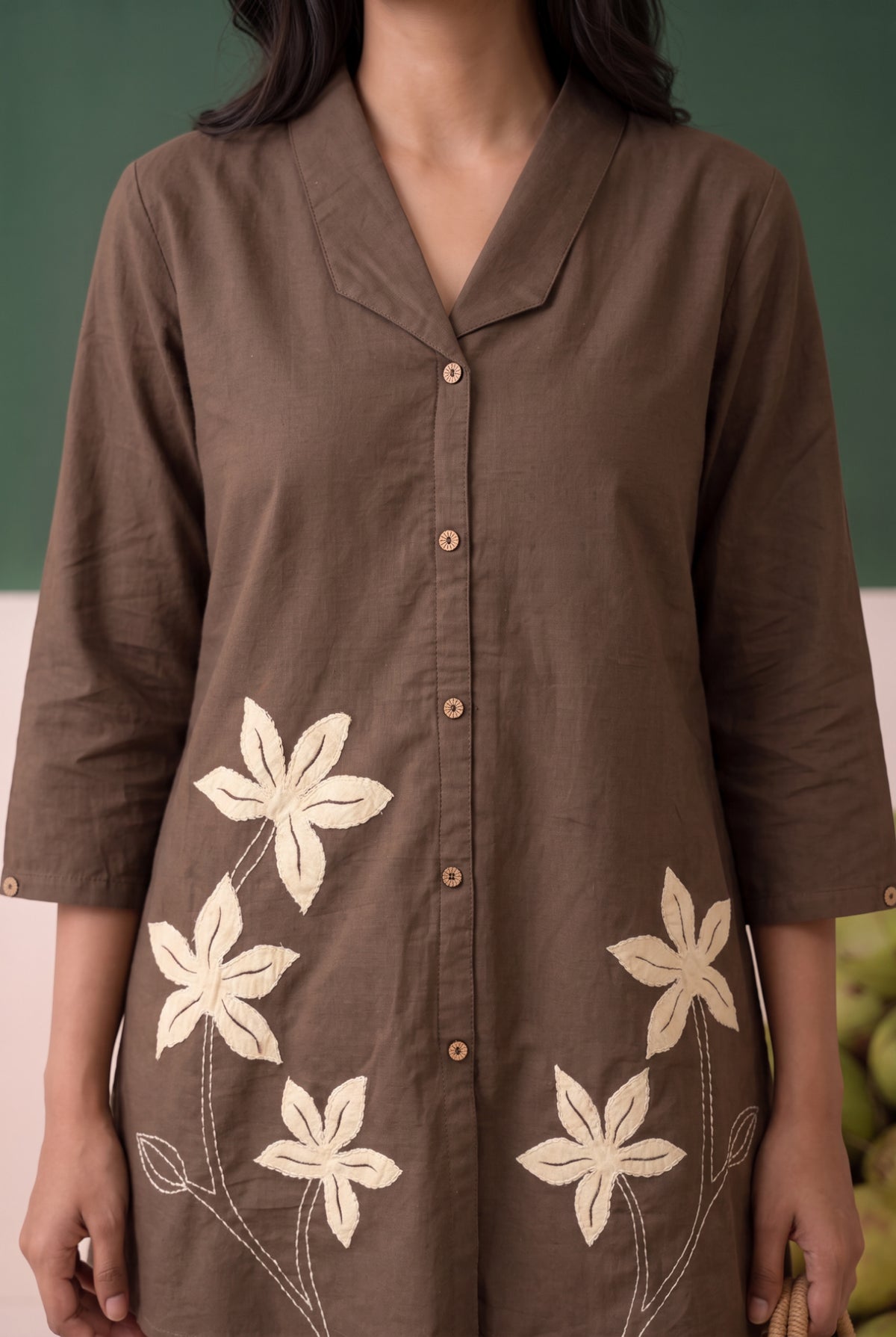 Brown Petal Trail Embroidered Cotton Flex Co-ord Set