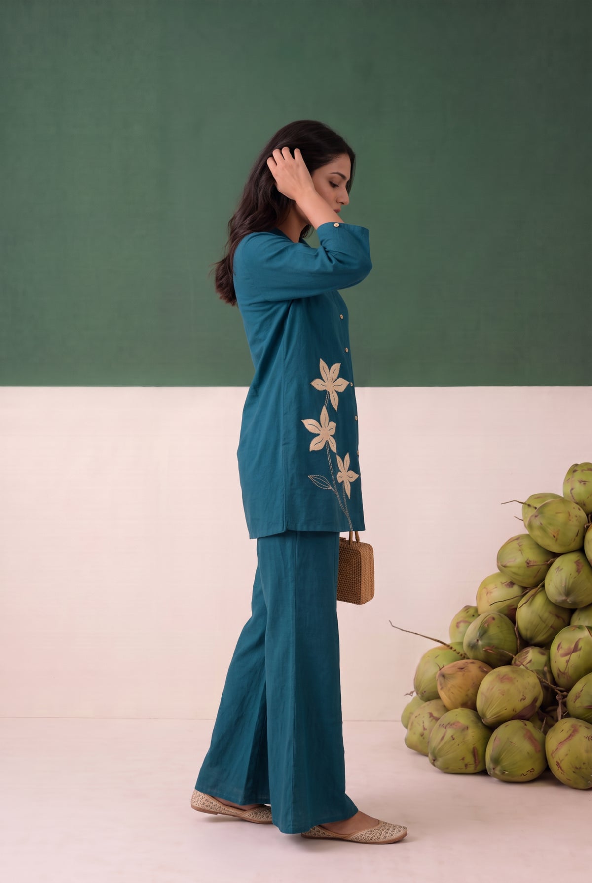 Teal Artistic Floral Detail Embroidered Cotton Flex Co-ord Set