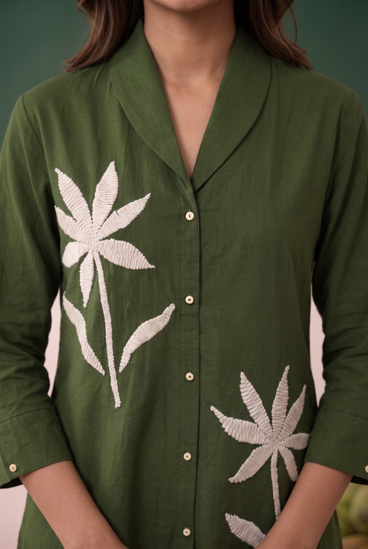 Green Botanical Motif Bloom Embroidered Cotton Flex Co-ord Set
