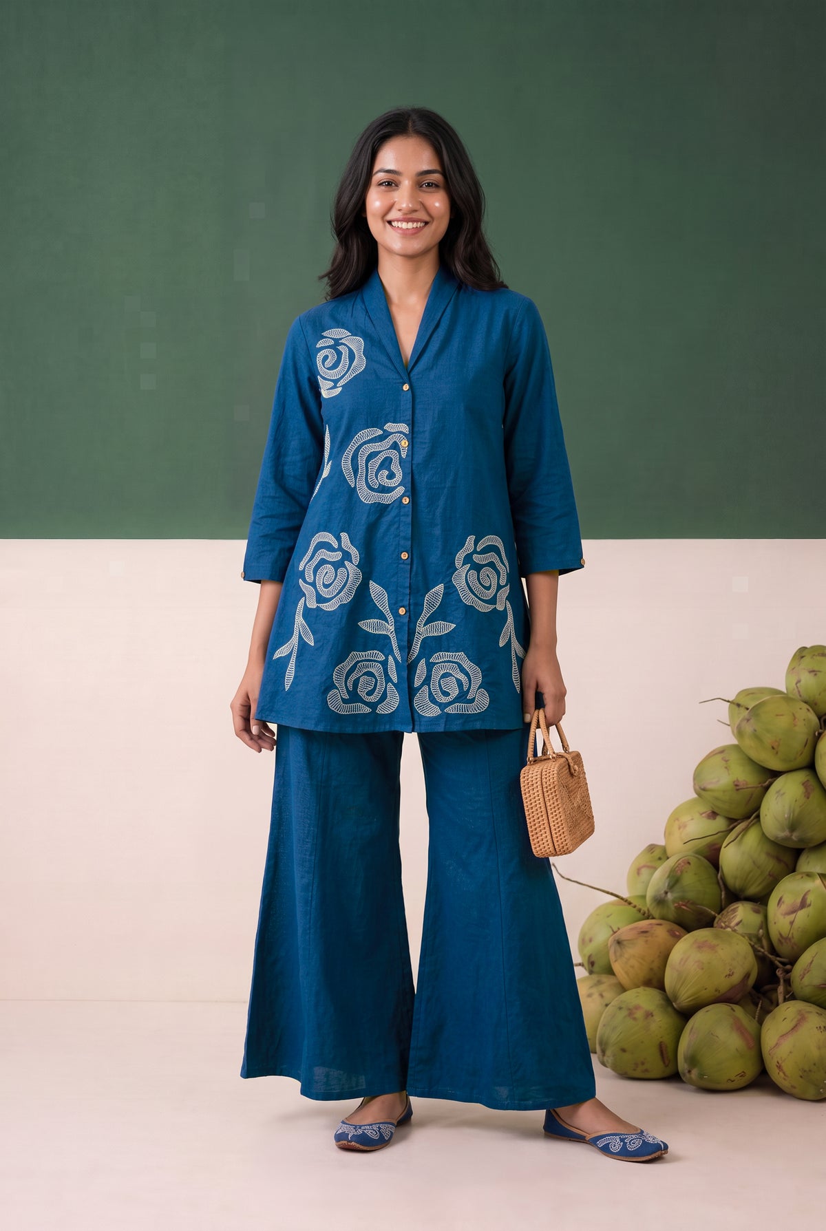 Blue Rose Embroidered Shirt Cotton Flex Co-ord Set