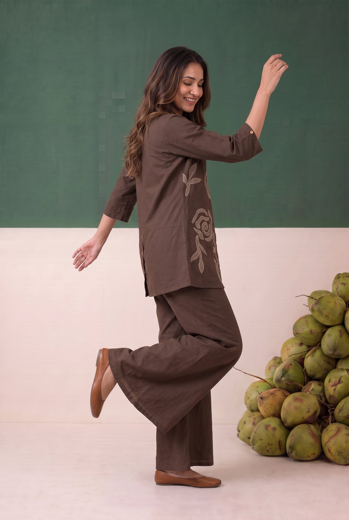 Brown Contrast Rose Embroidered Shirt Cotton Flex Co-ord Set
