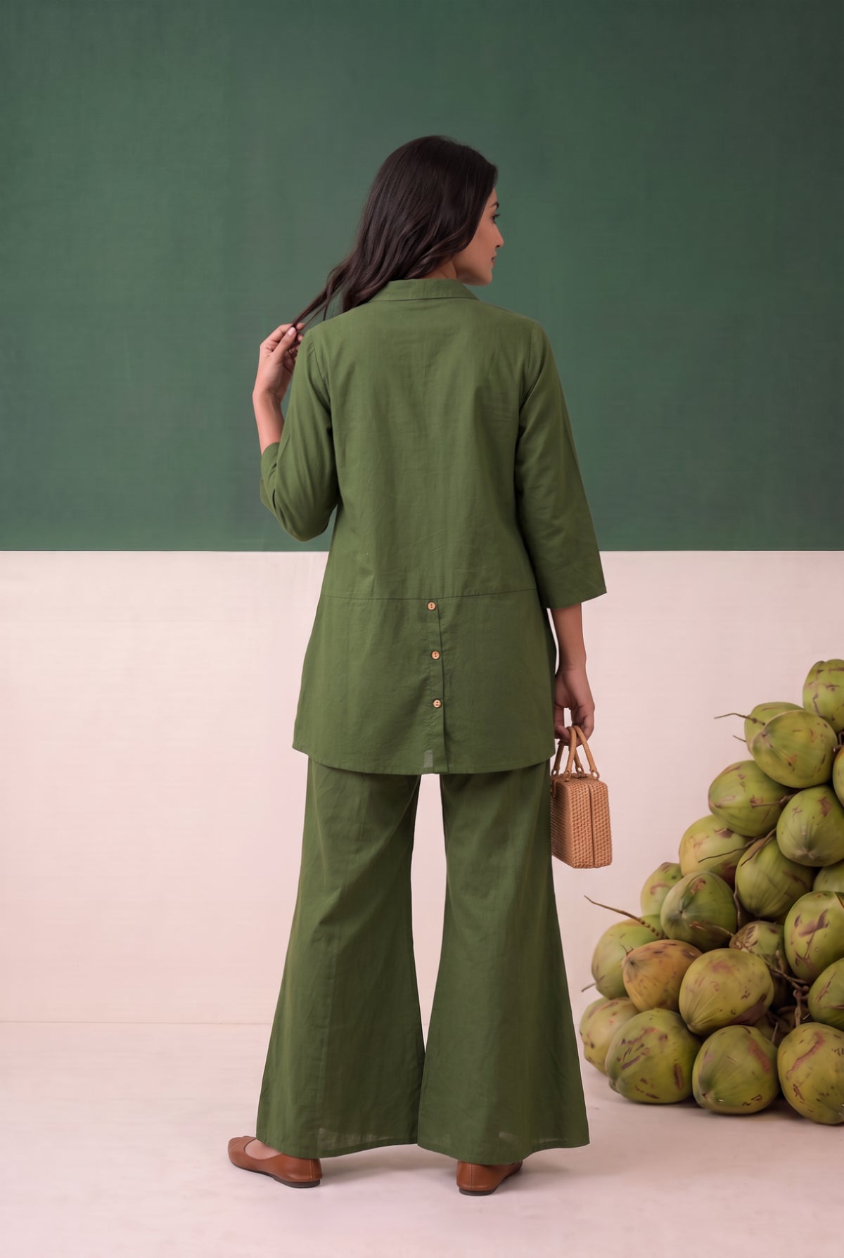 Green Contrast Rose Detail Embroidered Shirt Cotton Flex Co-ord Set