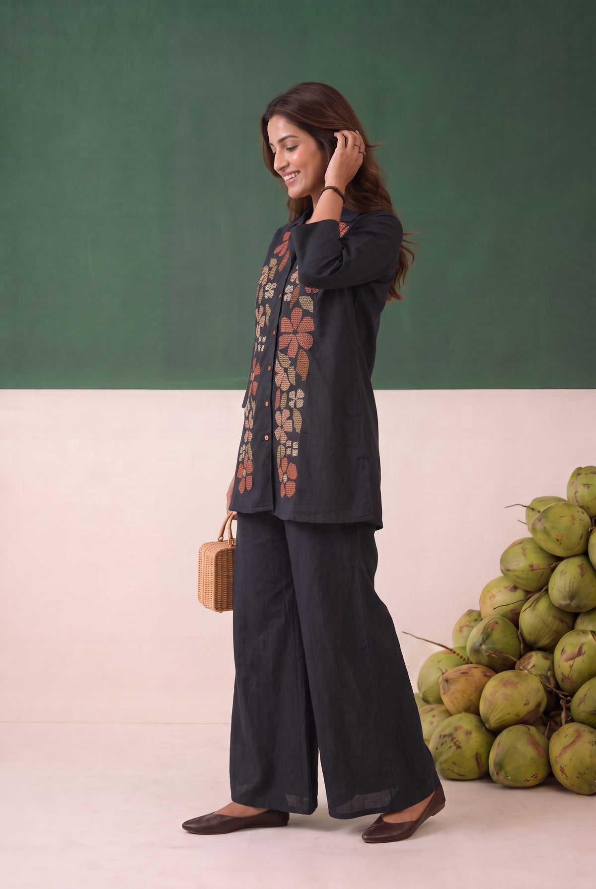 Black Floral Embroidered Shirt Cotton Co-ord Set