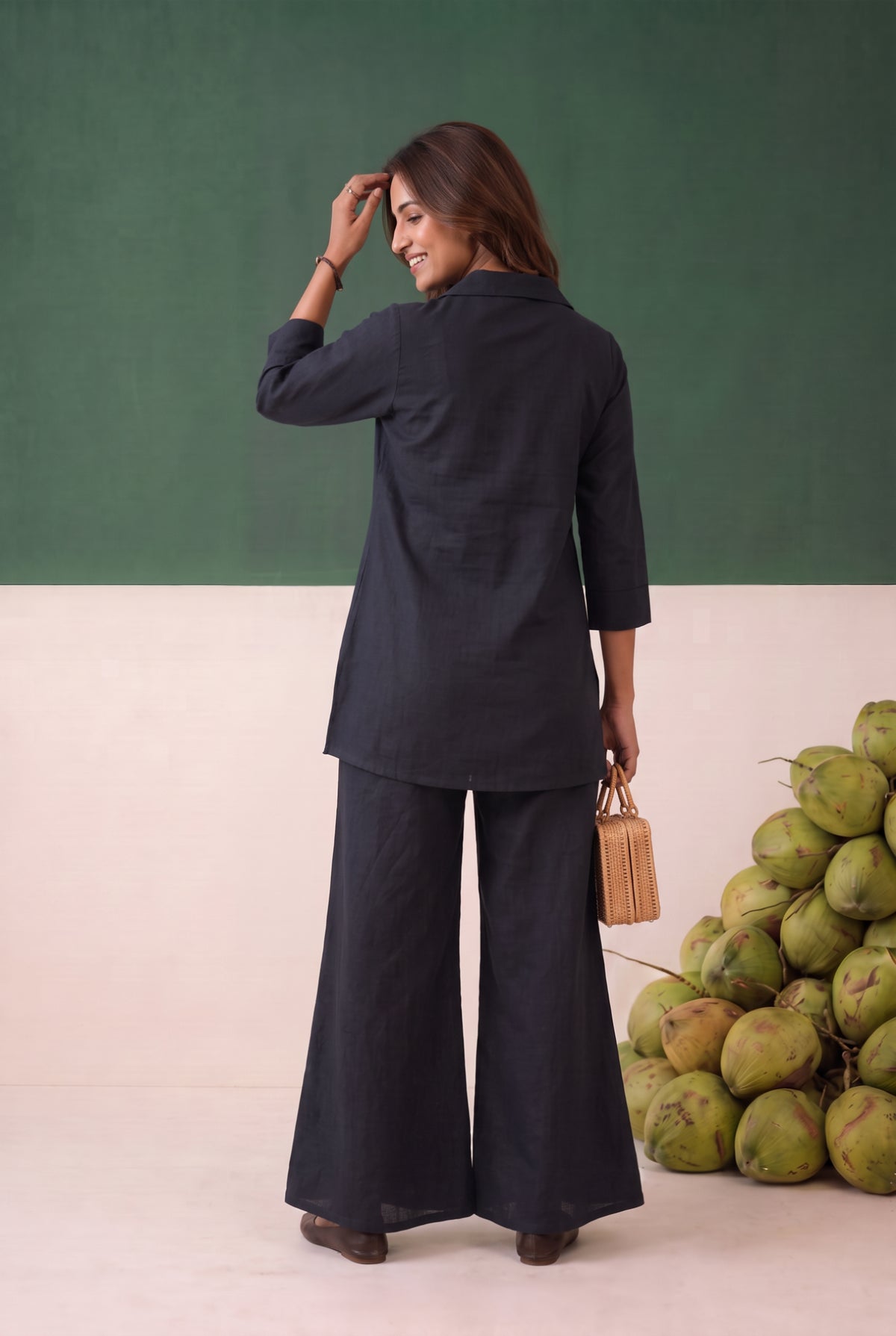 Black Floral Embroidered Shirt Cotton Co-ord Set
