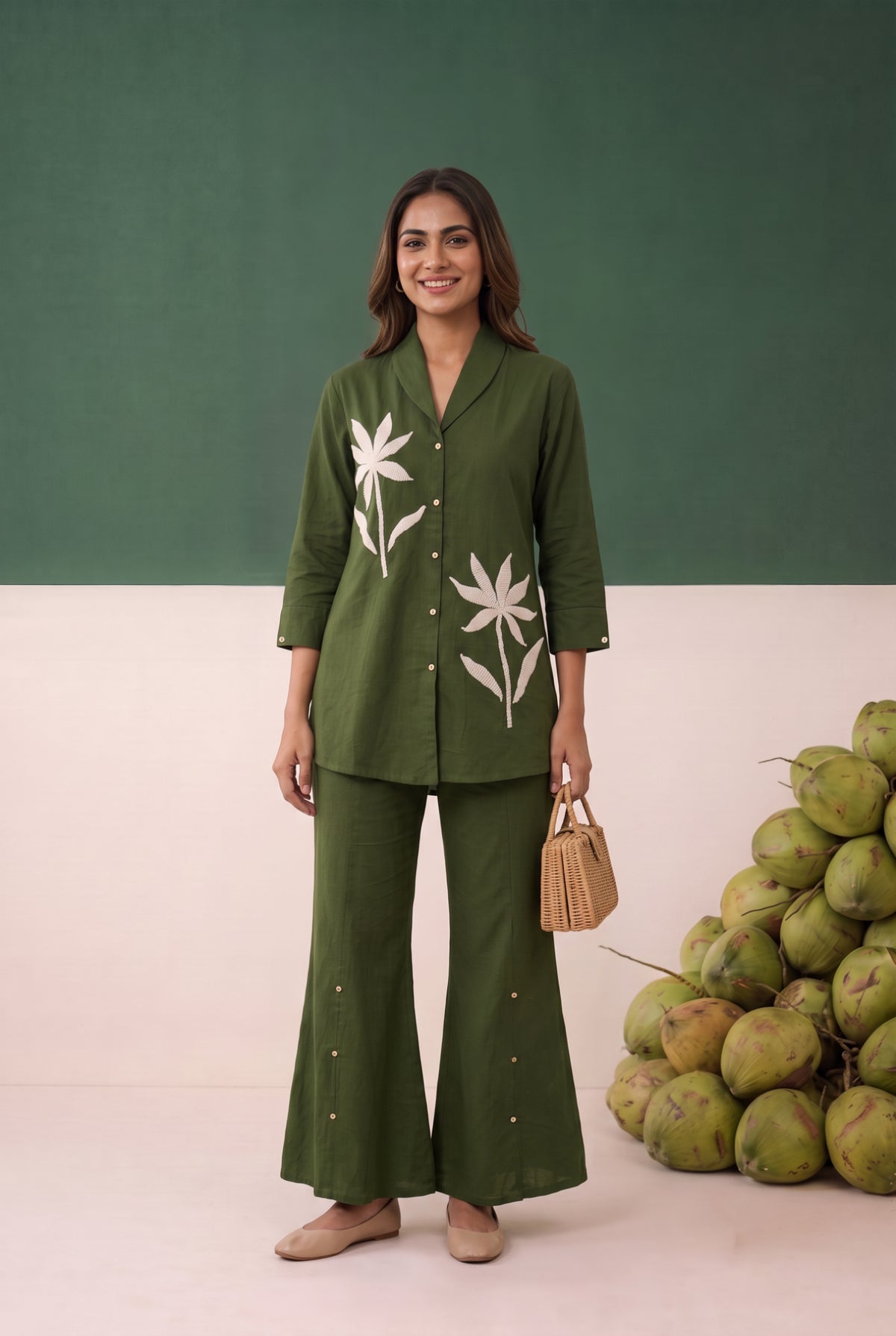 Green Botanical Motif Bloom Embroidered Cotton Flex Co-ord Set