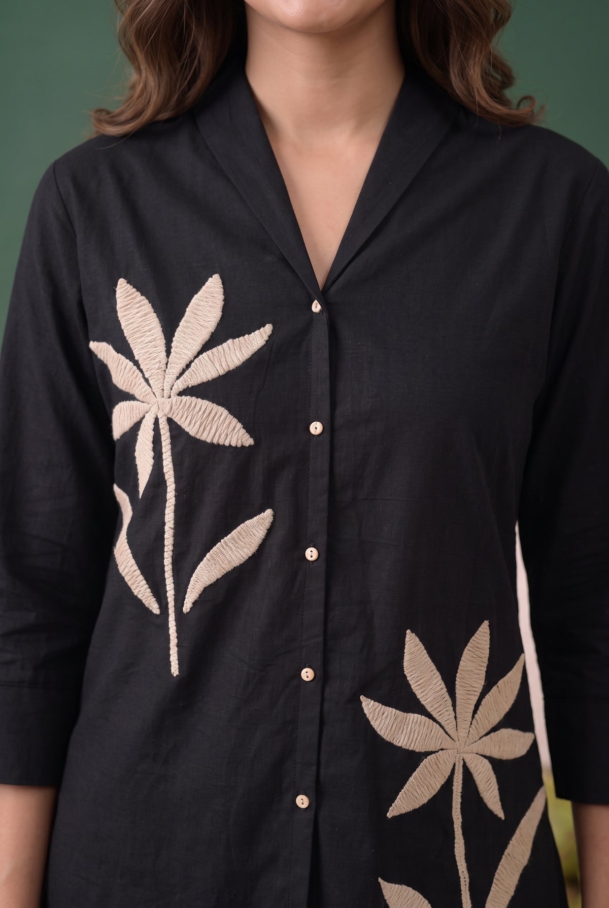 Black Dual Floral Motif Embroidered Cotton Flex Co-ord Set