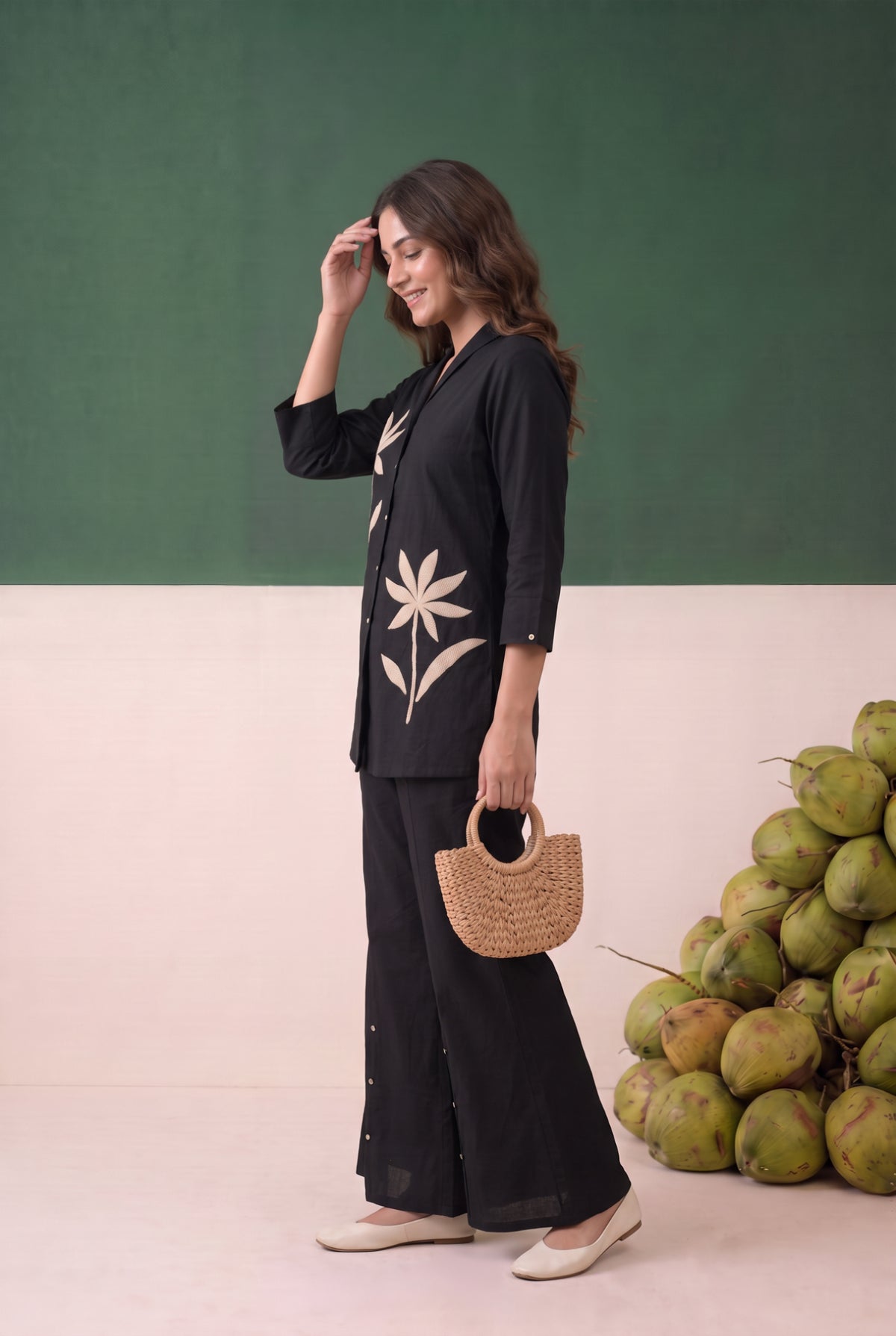 Black Dual Floral Motif Embroidered Cotton Flex Co-ord Set