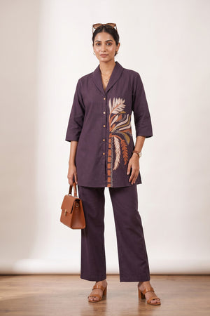 Purple Deep Plum Botanical Embroidered Cotton Co-ord Set