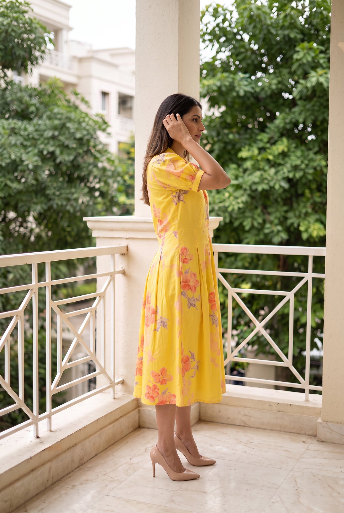 Yellow Floral Printed Fit and Flare Midi Cotton Dress