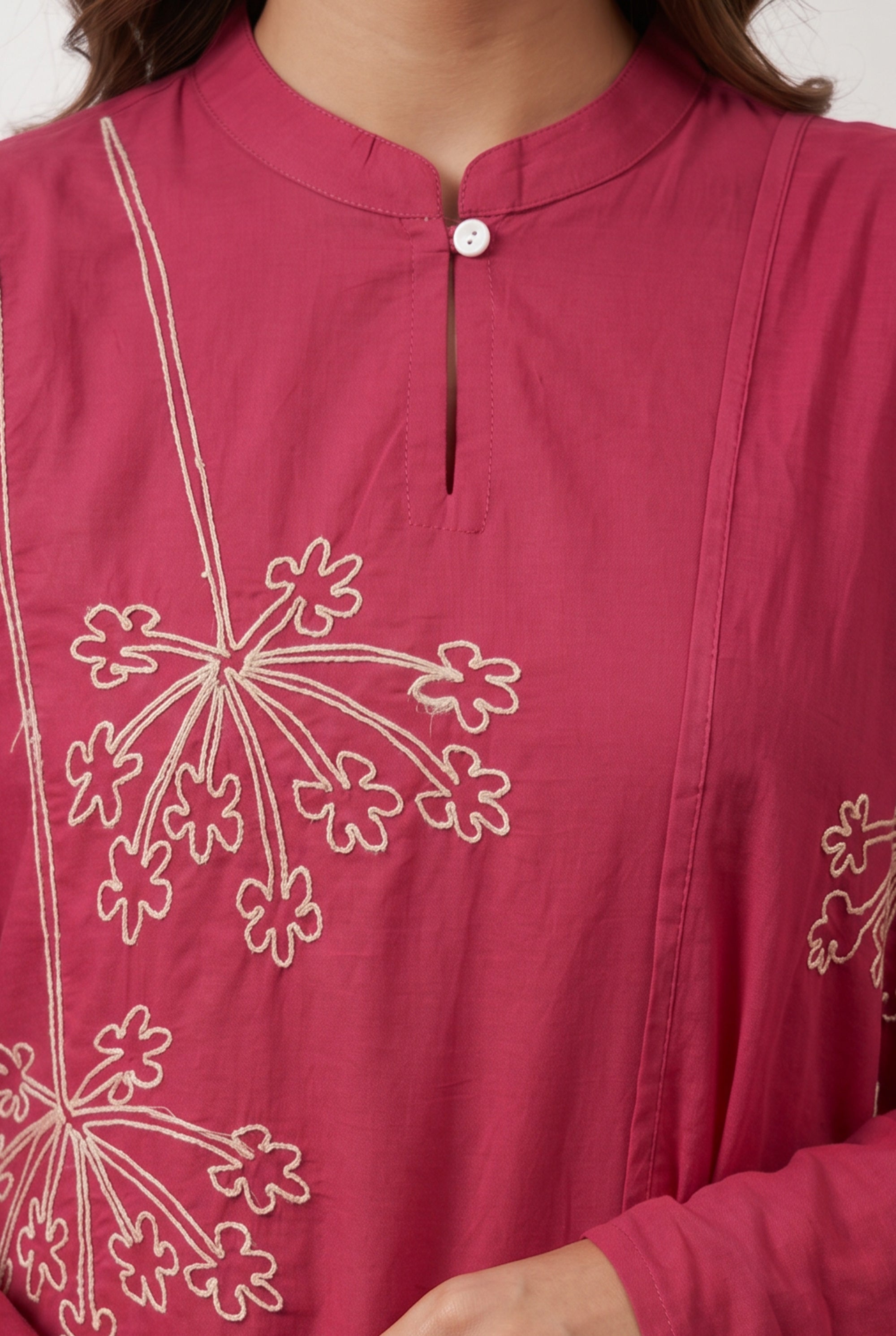 Pink Floral Thread Embroidered Cotton Kurta Pant Set with Tassel Dupatta