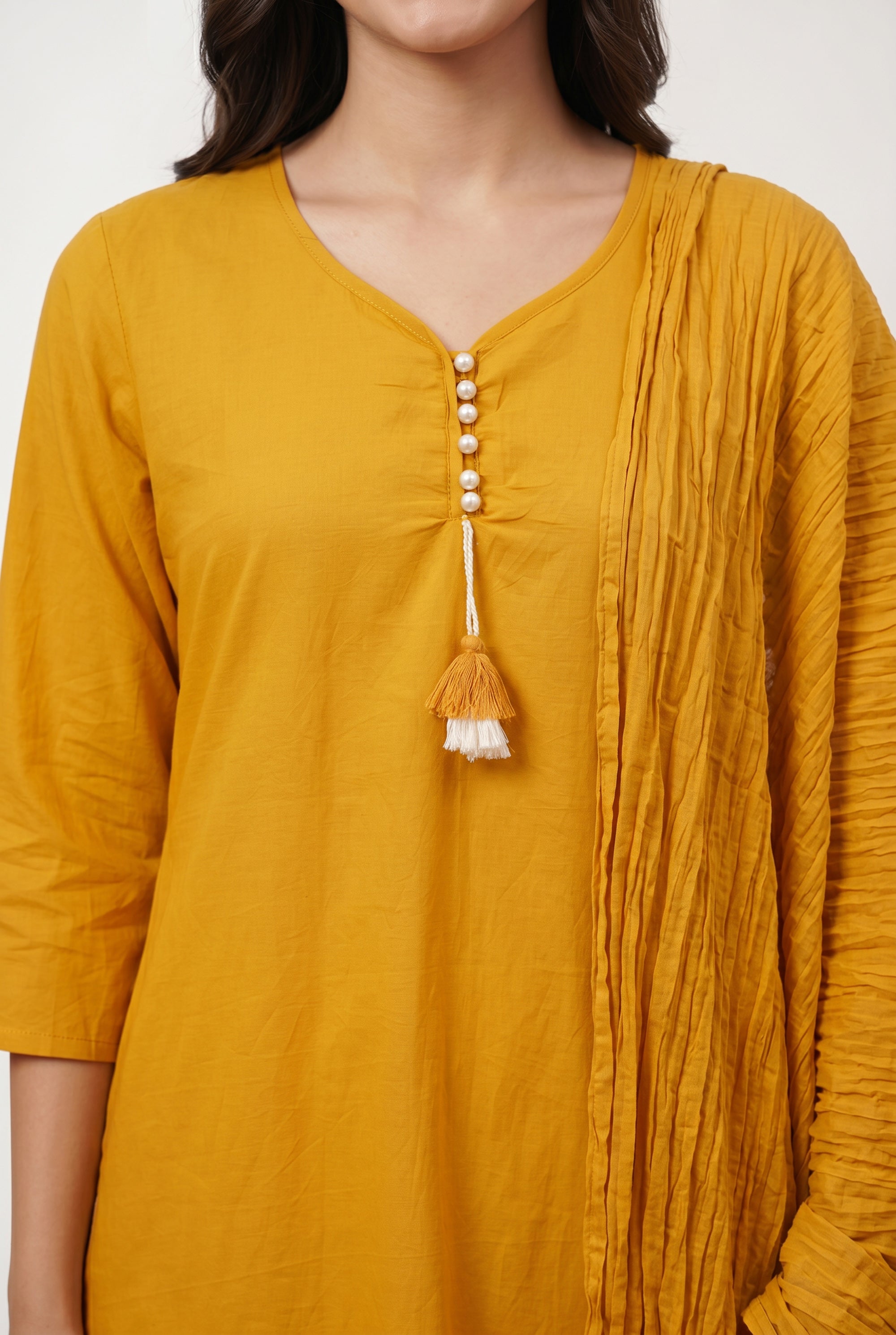 Mustard Straight Cotton Kurta Set with Floral Embroidery & Pleated Tassel Dupatta