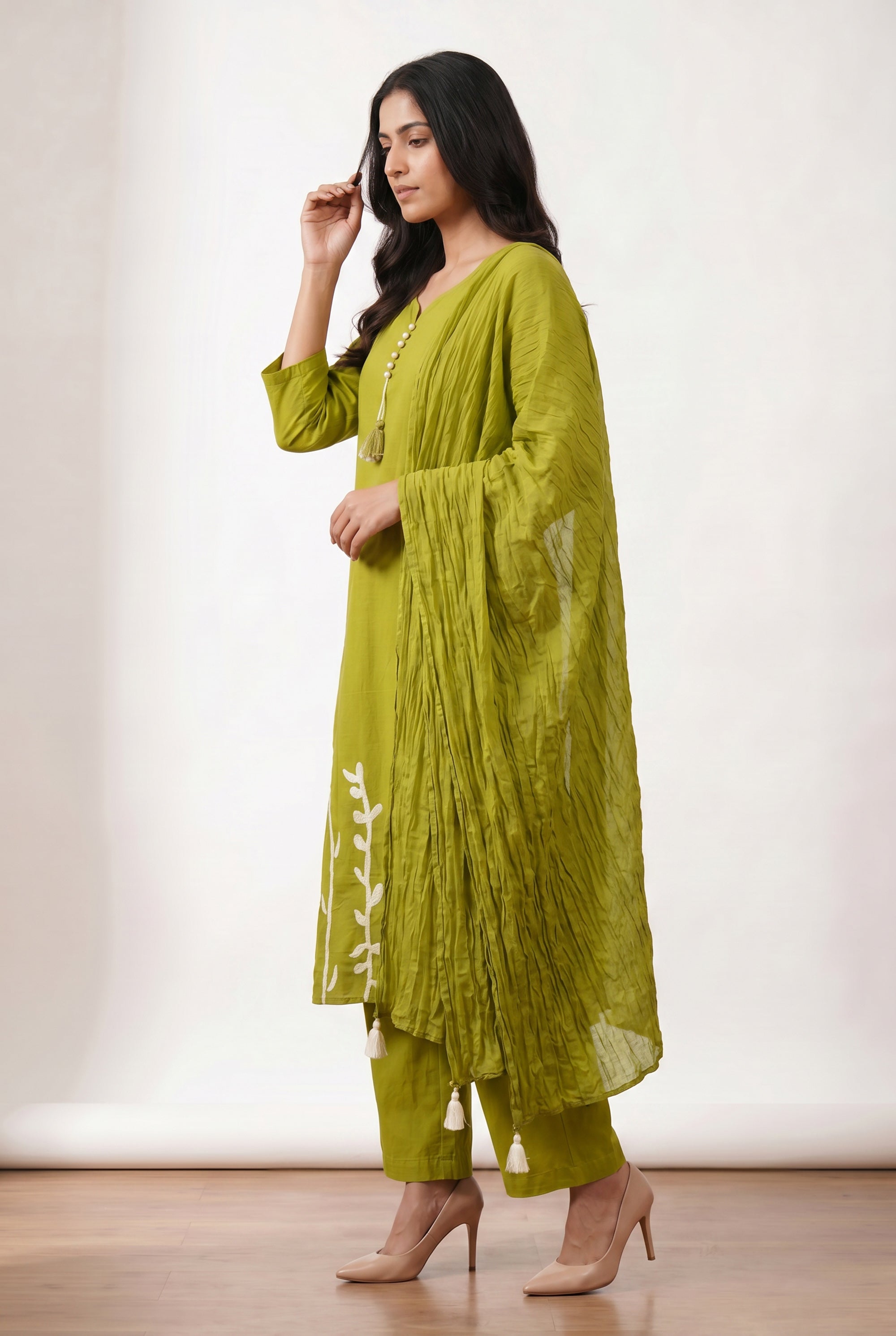 Lime Green Ethnic Floral Embroidered Cotton Kurta Pant Set with Pleated Dupatta