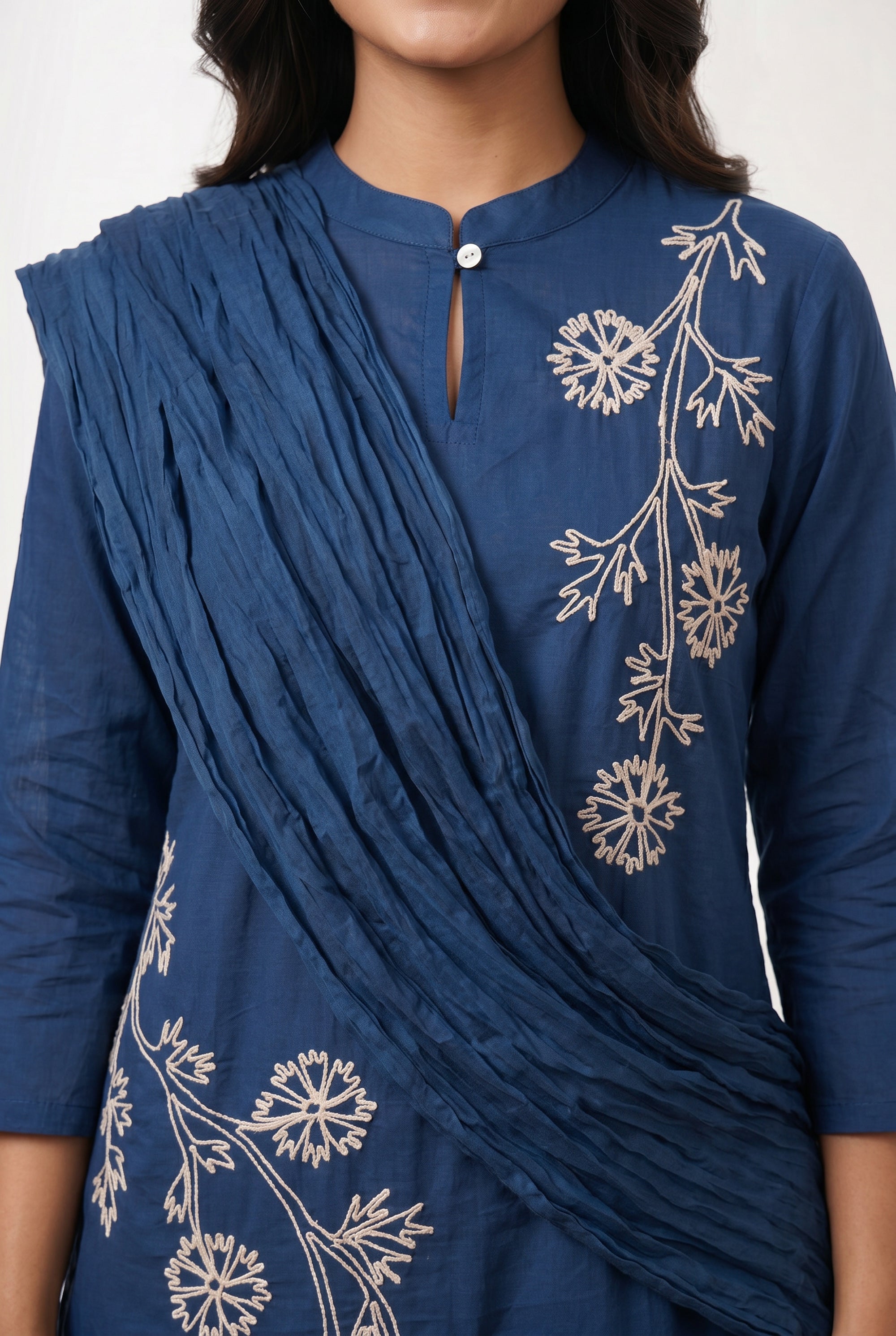 Blue Straight Cotton Kurta Set with Ethnic Floral Embroidery & Tassel Dupatta