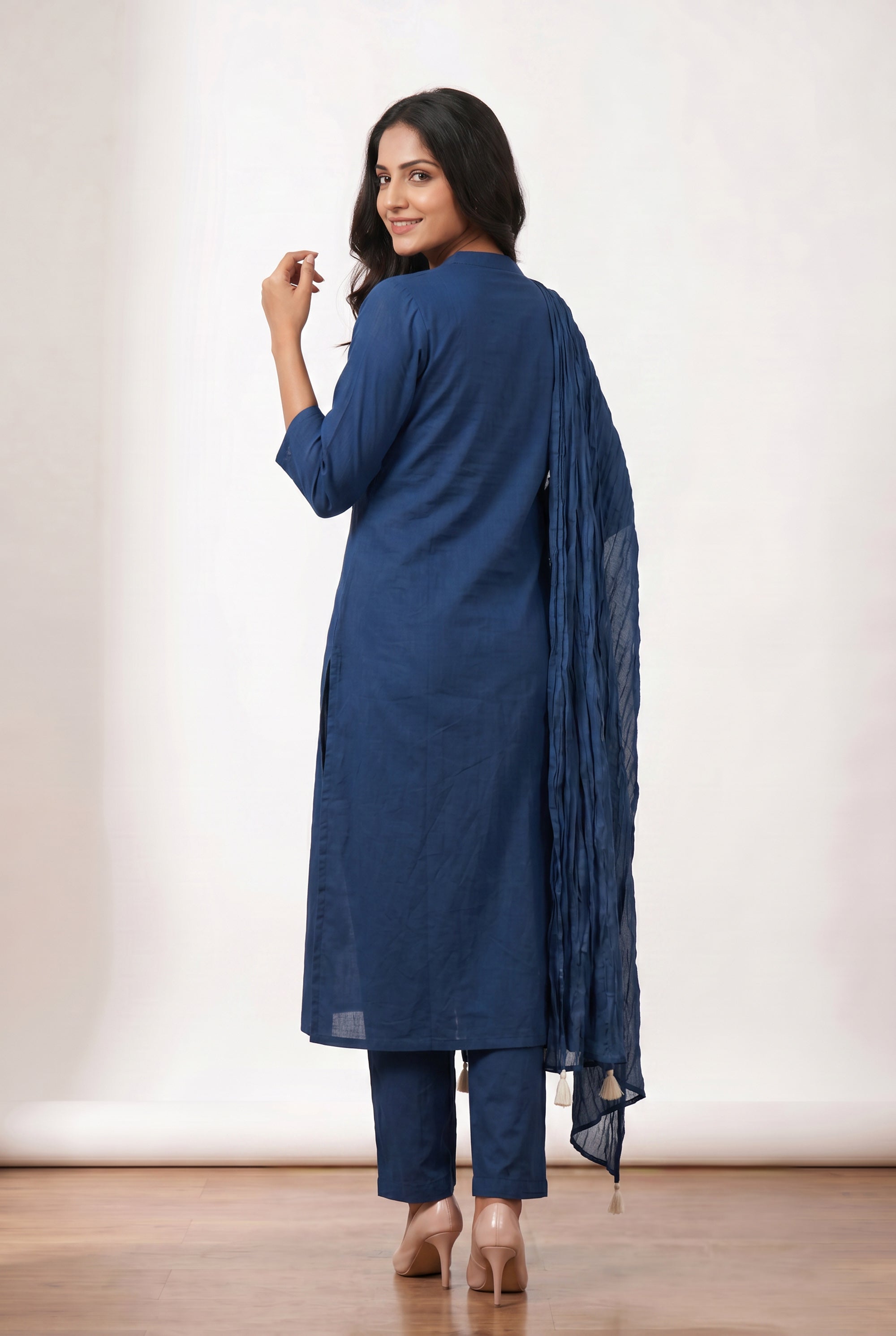 Blue Straight Cotton Kurta Set with Ethnic Floral Embroidery & Tassel Dupatta