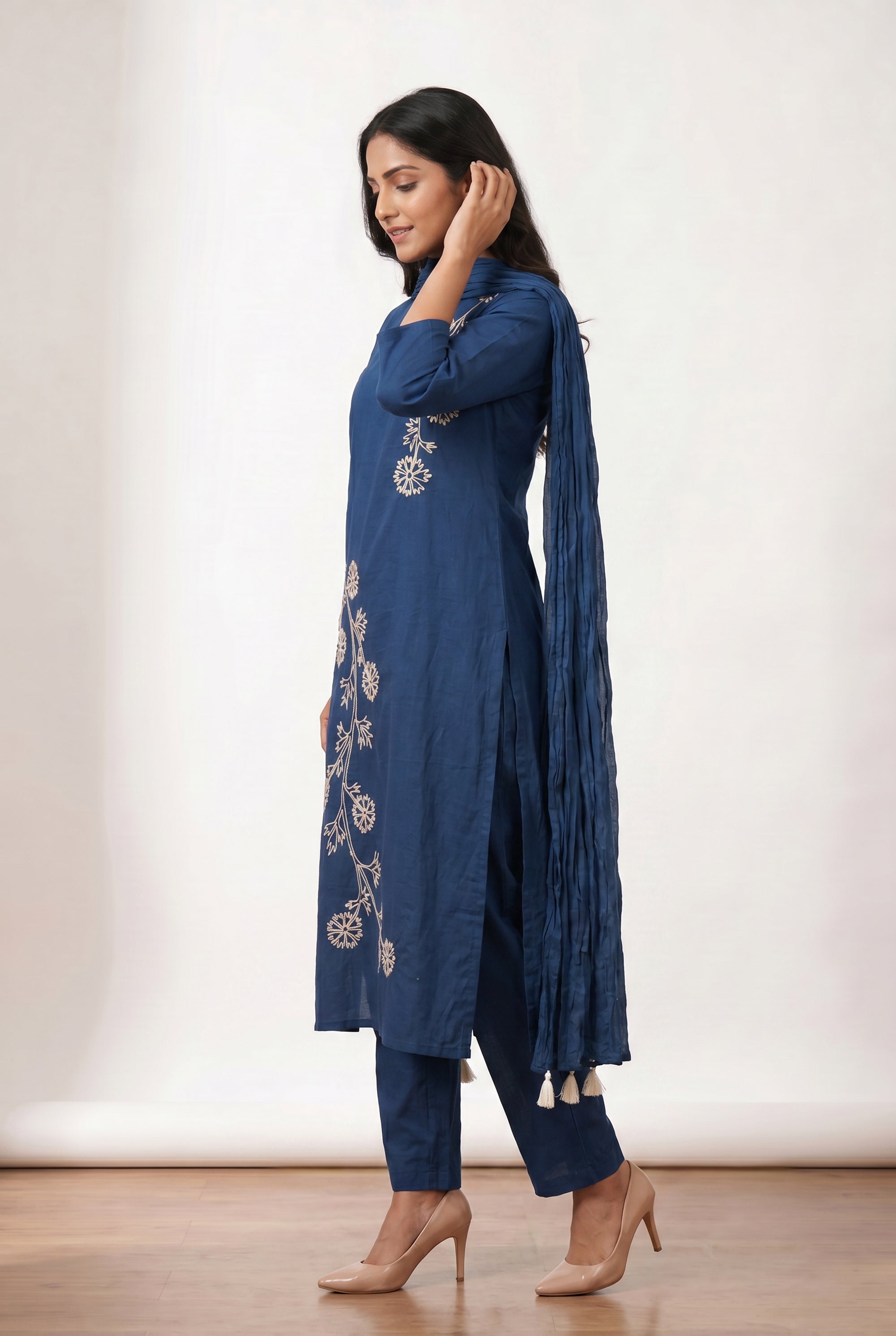 Blue Straight Cotton Kurta Set with Ethnic Floral Embroidery & Tassel Dupatta