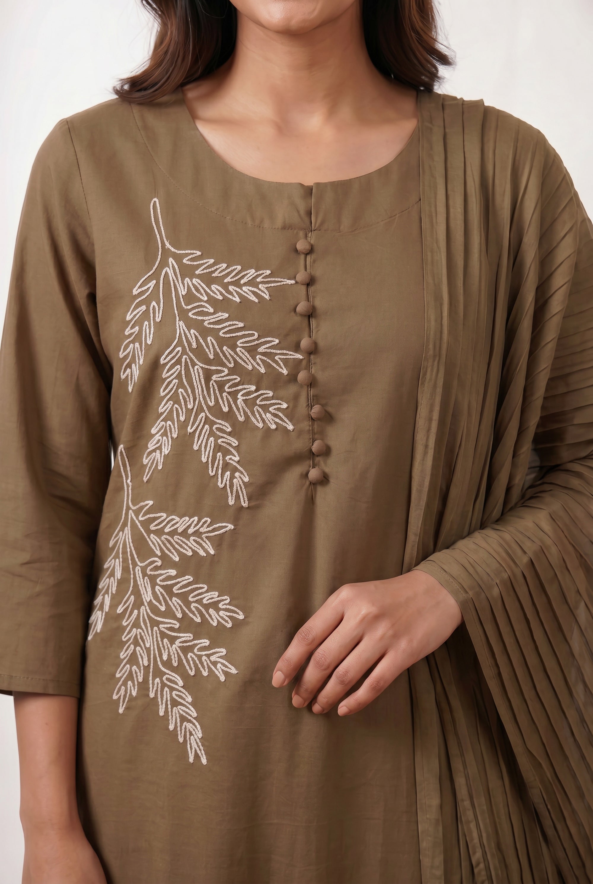 Ethnic Brown Floral Embroidered Cotton Straight Kurta Set with Pants & Dupatta