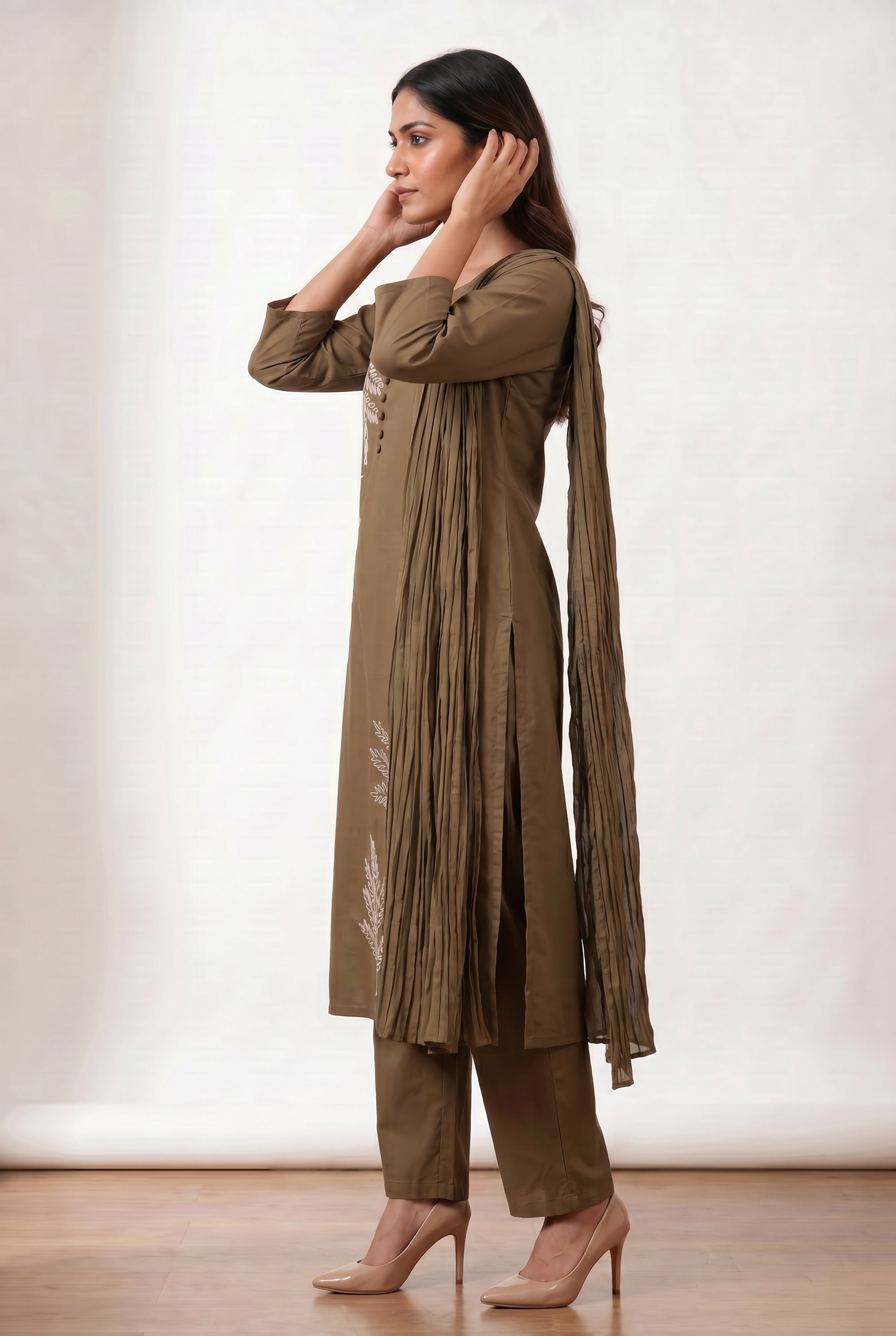 Ethnic Brown Floral Embroidered Cotton Straight Kurta Set with Pants & Dupatta