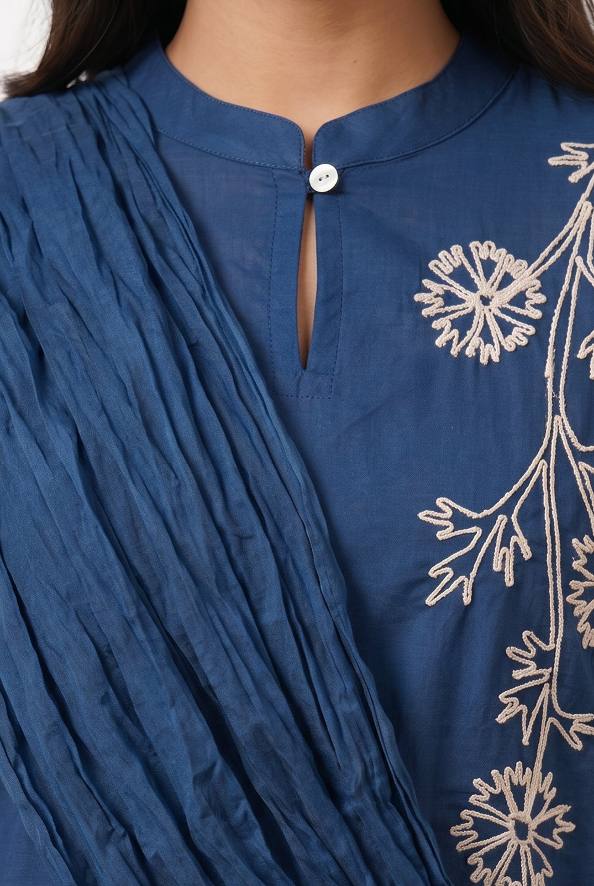 Blue Straight Cotton Kurta Set with Ethnic Floral Embroidery & Tassel Dupatta
