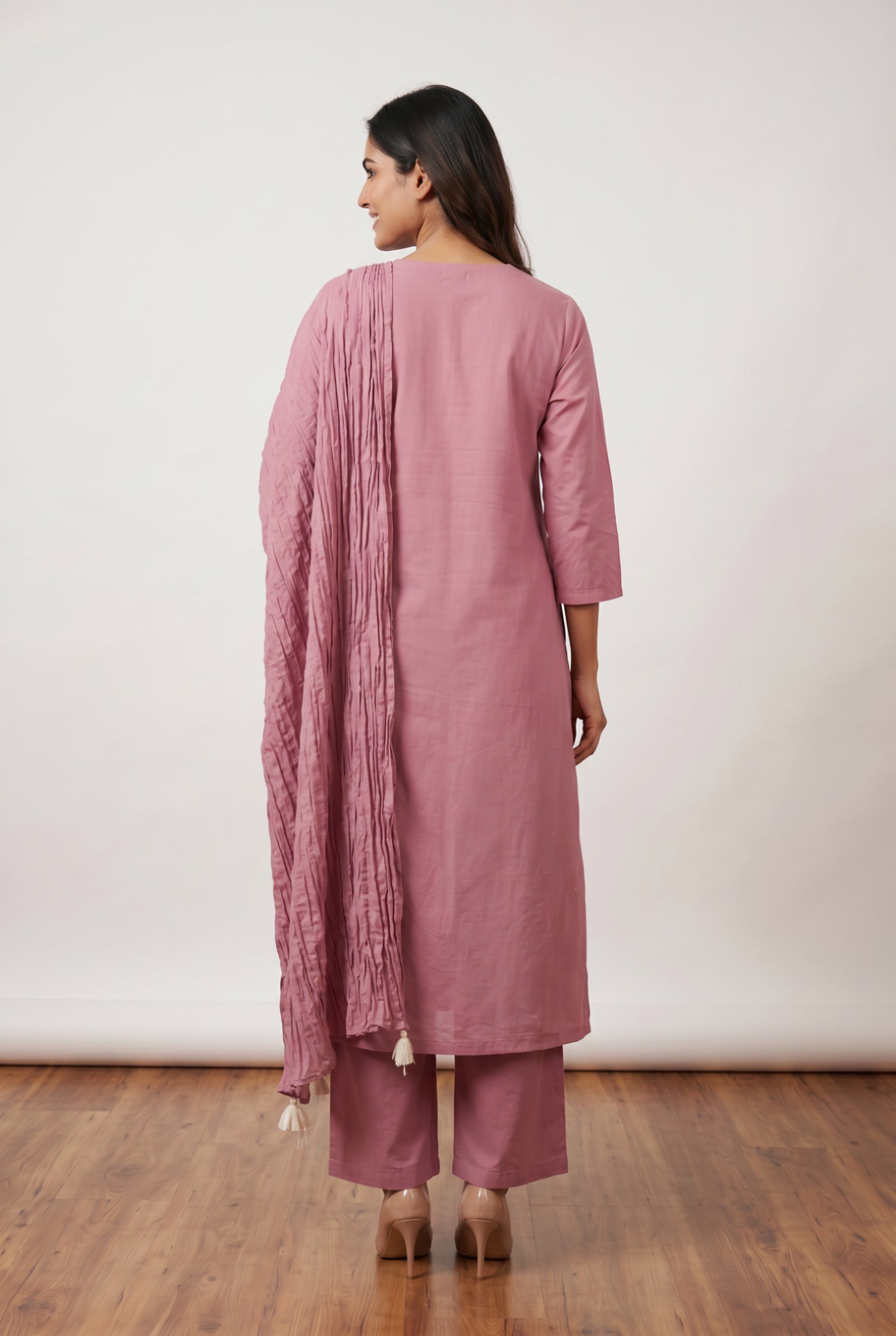 Pink Floral Embroidery Cotton Straight Kurta Pant Set with Pleated Tassel Dupatta