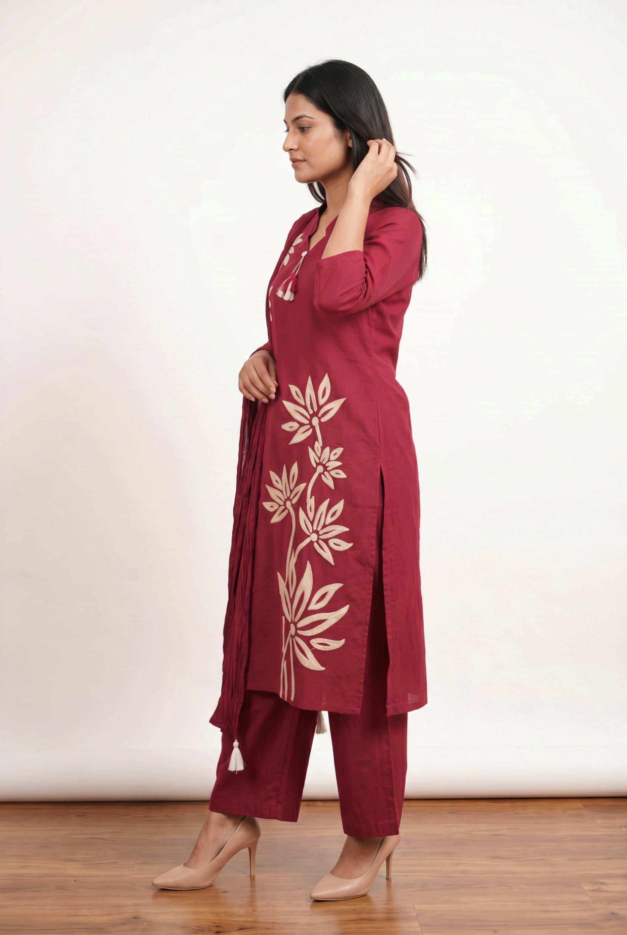 Maroon Floral Embroidered Cotton Kurta Pant Set with Pleated Tassel Dupatta