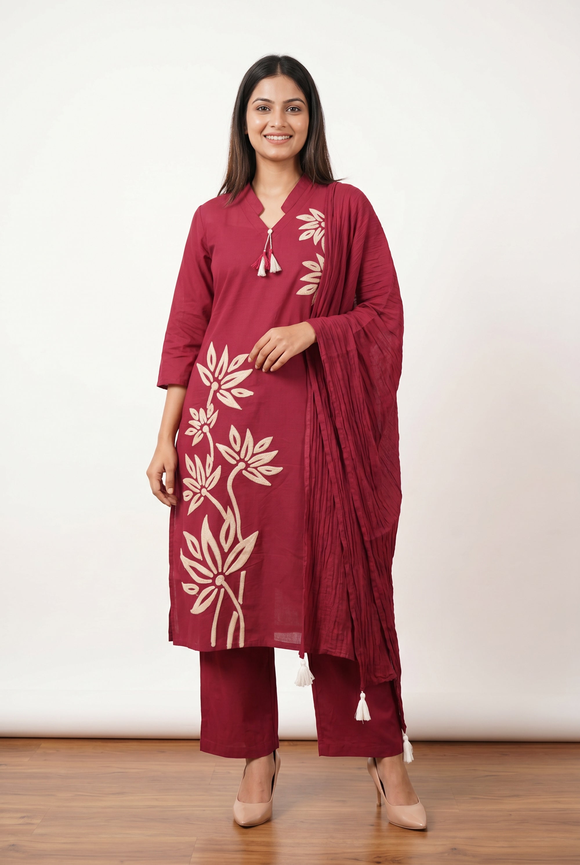 Maroon Floral Embroidered Cotton Kurta Pant Set with Pleated Tassel Dupatta