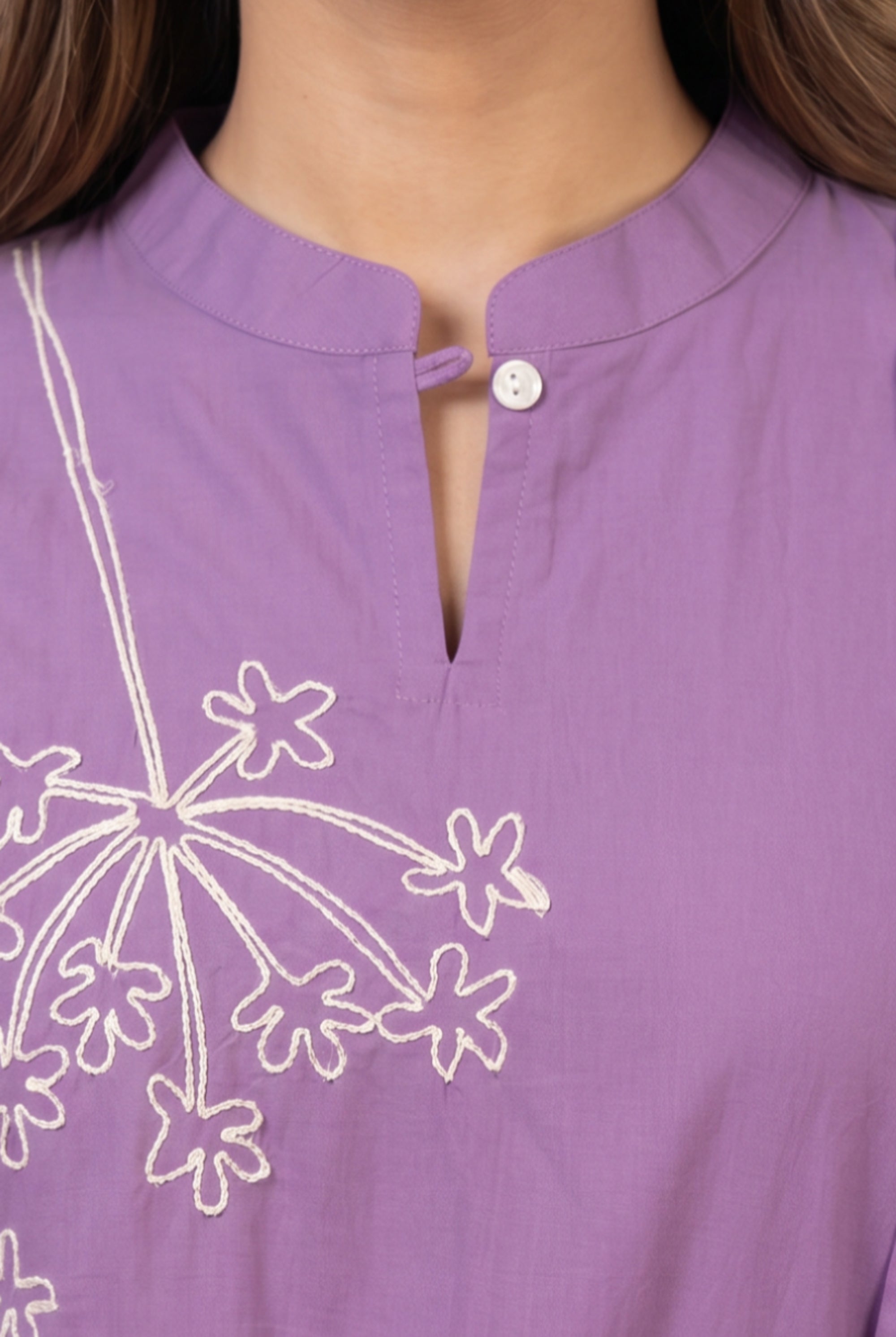 Purple Straight Fit Mandarin Collar Cotton Kurta Set with Floral Embroidery & Tassel Dupatta