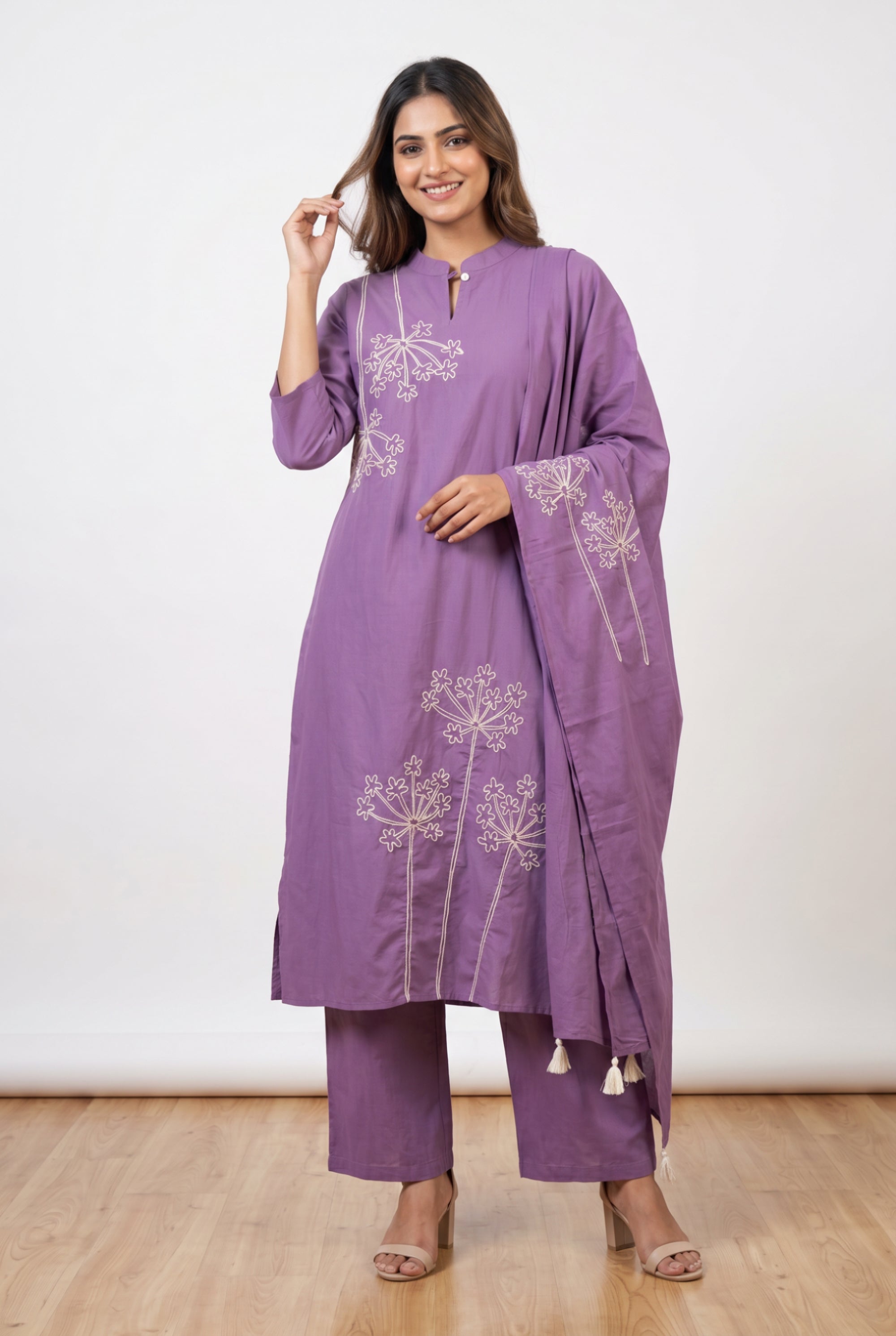 Purple Straight Fit Mandarin Collar Cotton Kurta Set with Floral Embroidery & Tassel Dupatta