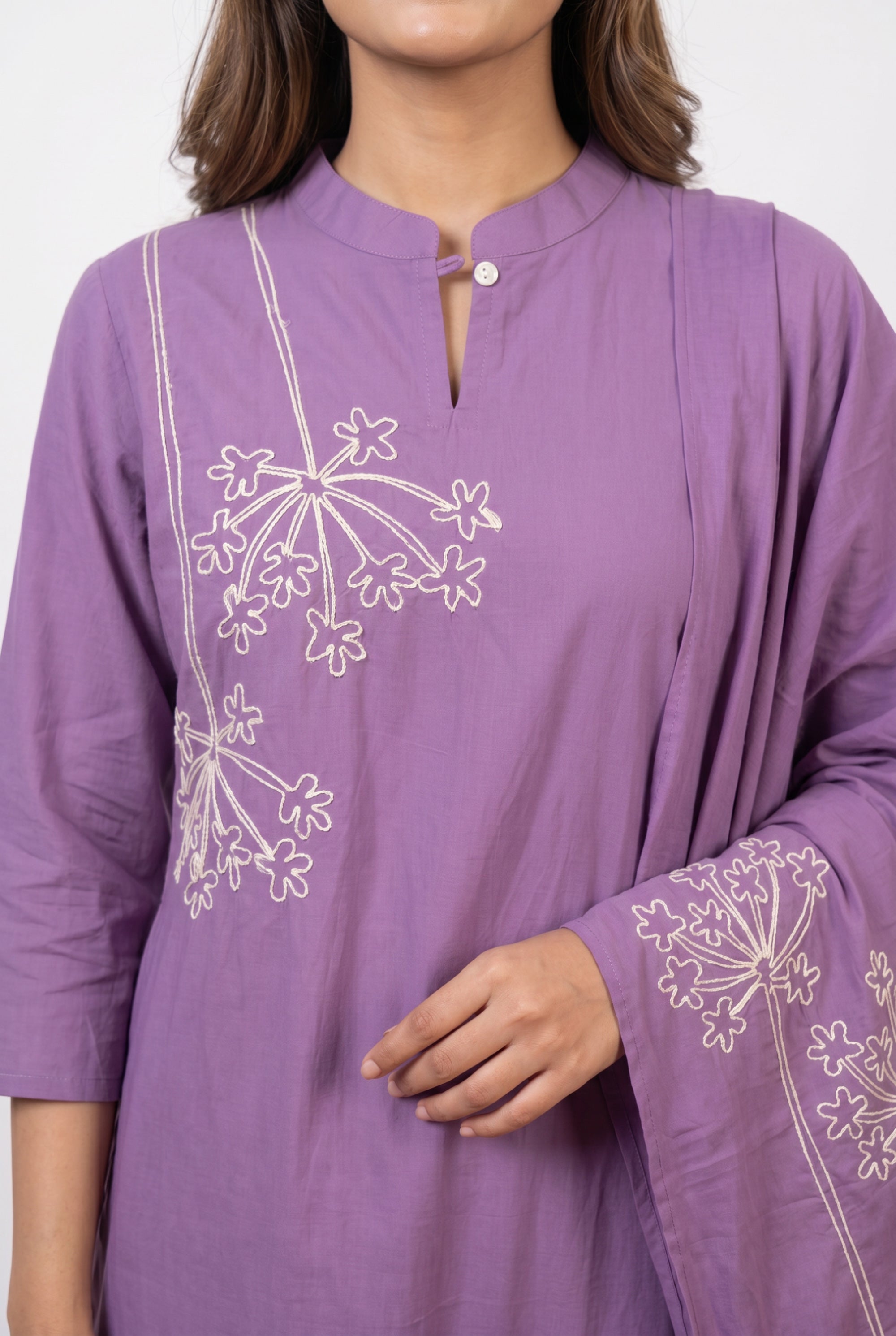 Purple Straight Fit Mandarin Collar Cotton Kurta Set with Floral Embroidery & Tassel Dupatta