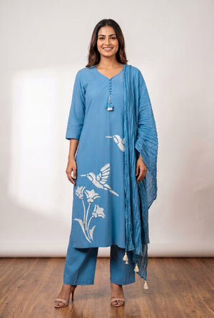 Sky Blue Bird Embroidered Cotton Ethnic Kurta Set with Designer Pleated Dupatta