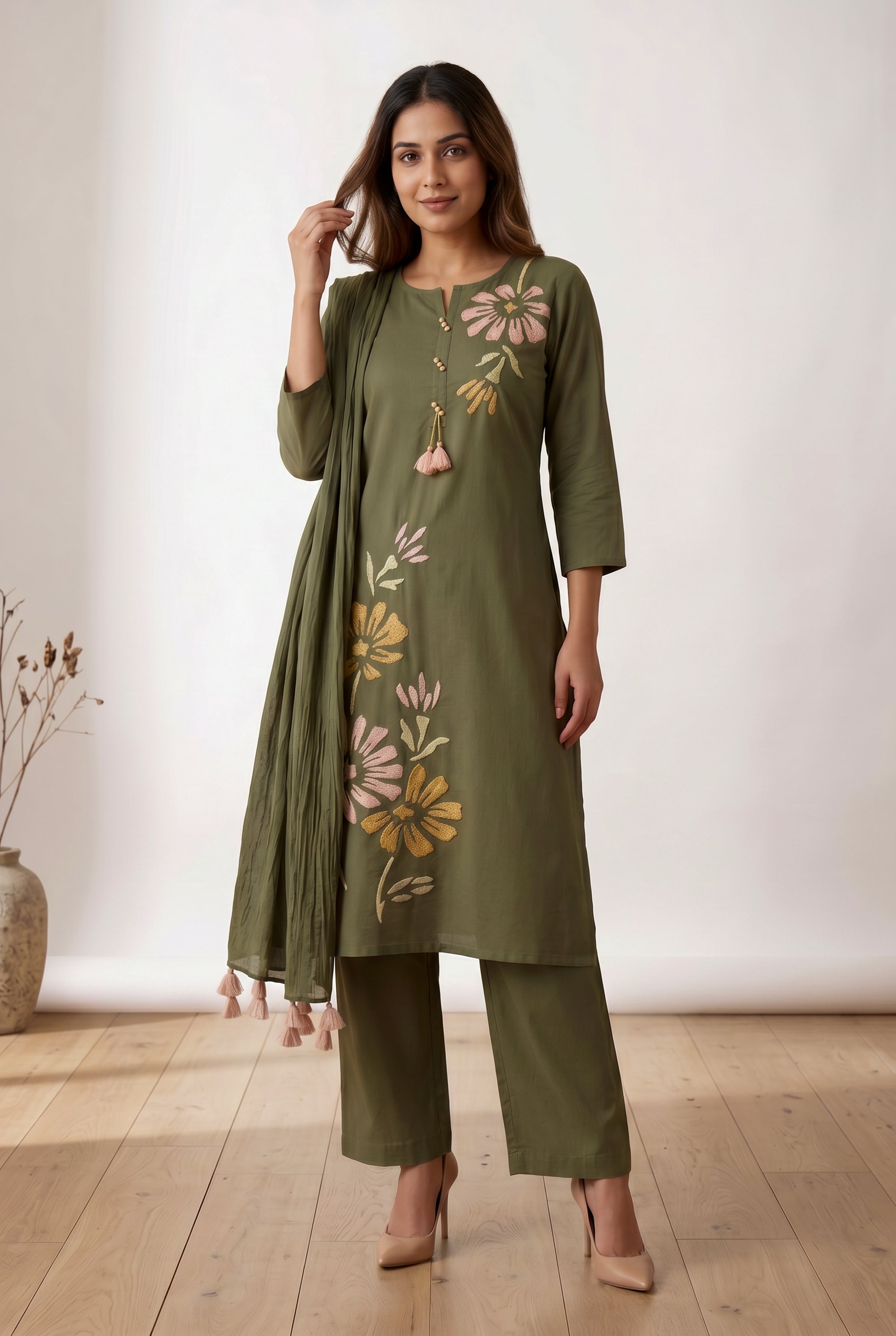 Olive Green Floral Embroidered Cotton Kurta Pant Set with Tassel Dupatta