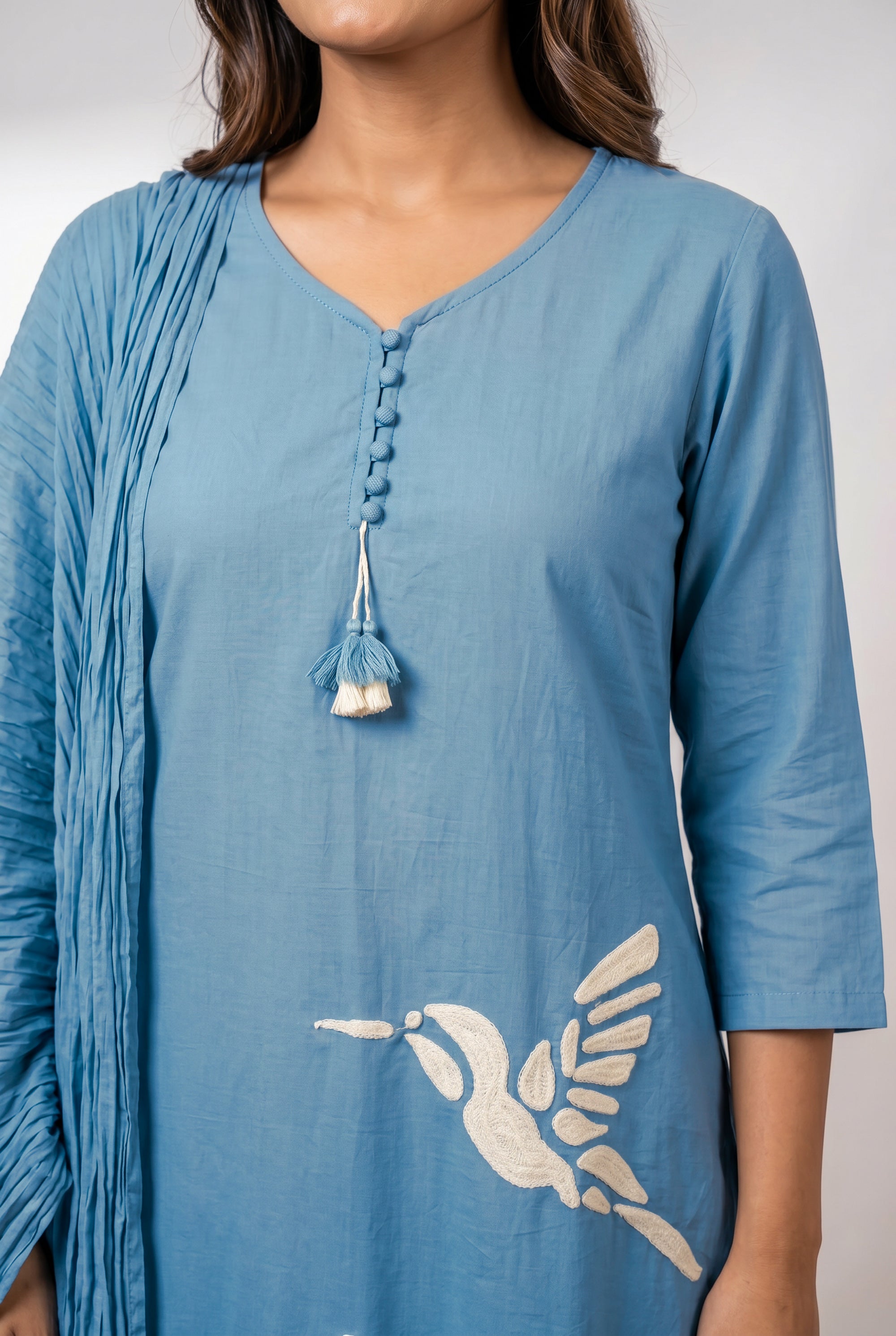 Sky Blue Bird Embroidered Cotton Ethnic Kurta Set with Designer Pleated Dupatta