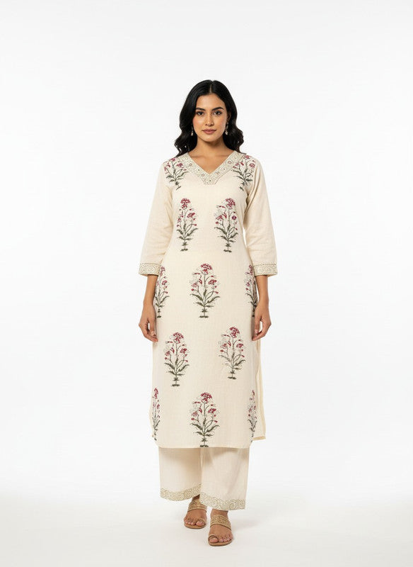 Graceful Ivory Floral Printed Kurta Set with Lace Border Detailing