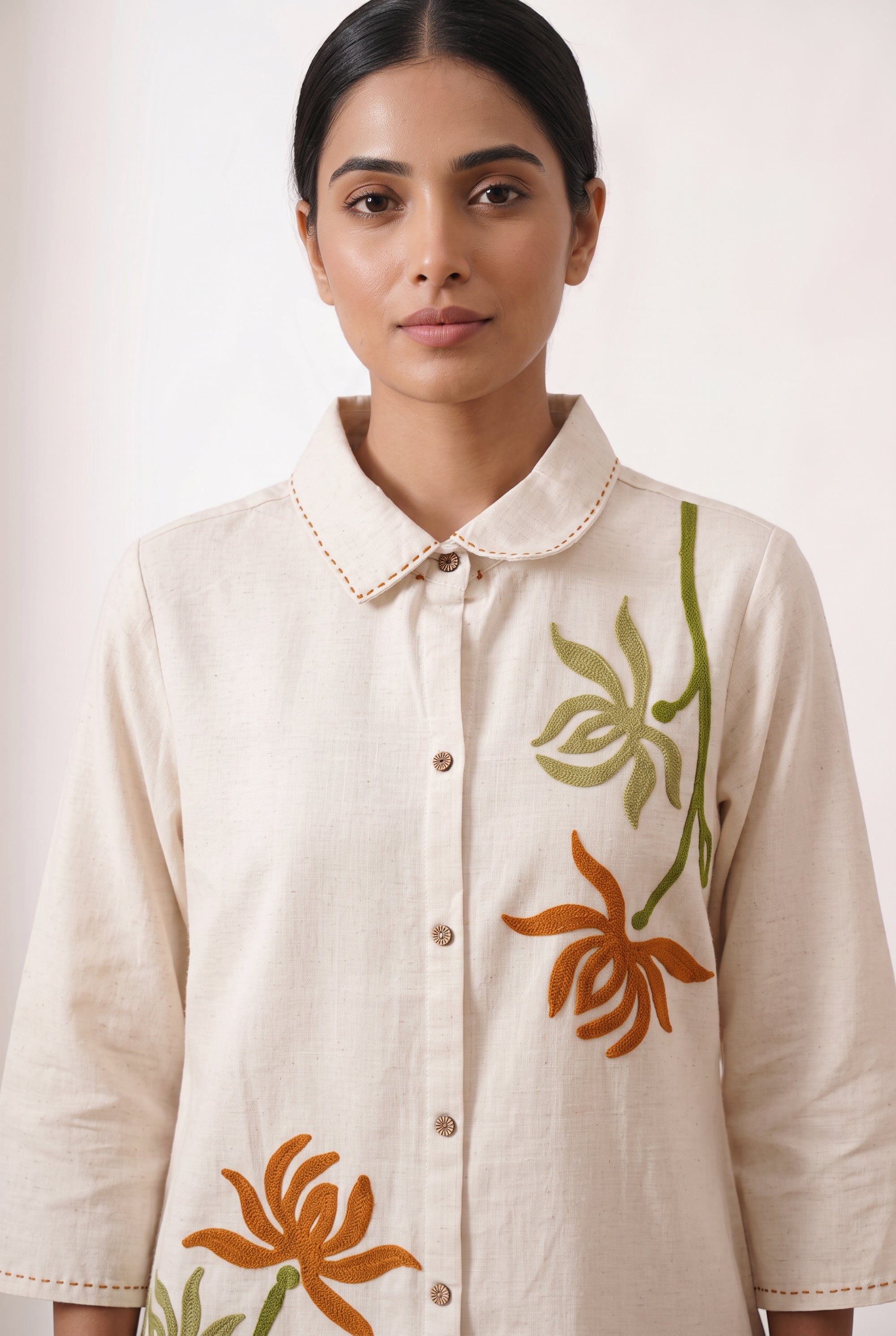 Off-White Floral Embroidered Cotton Flex Co-ord Set with Collared Button-Down Shirt and Wide-Leg Palazzo Pants