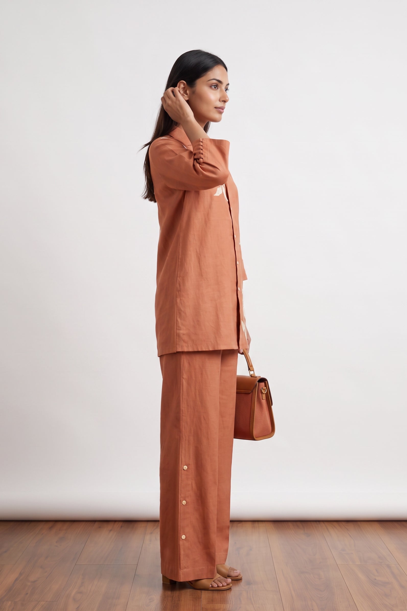 Peach Floral Embroidered Cotton Flex Co-ord Set with Collared Button-Down Shirt and Wide-Leg Palazzo Pants