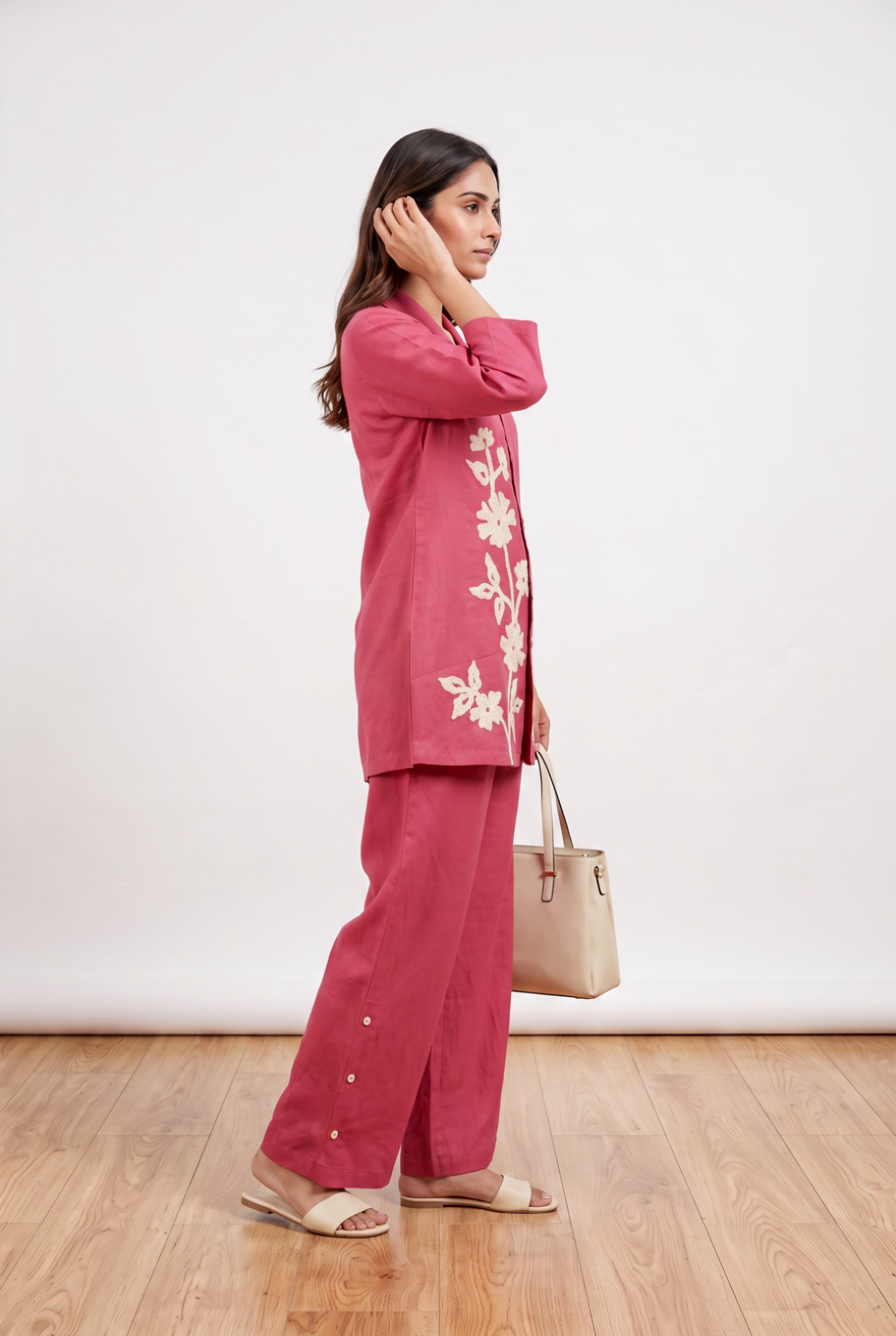 Pink Floral Embroidered Cotton Flex Co-ord Set with Collared Button-Down