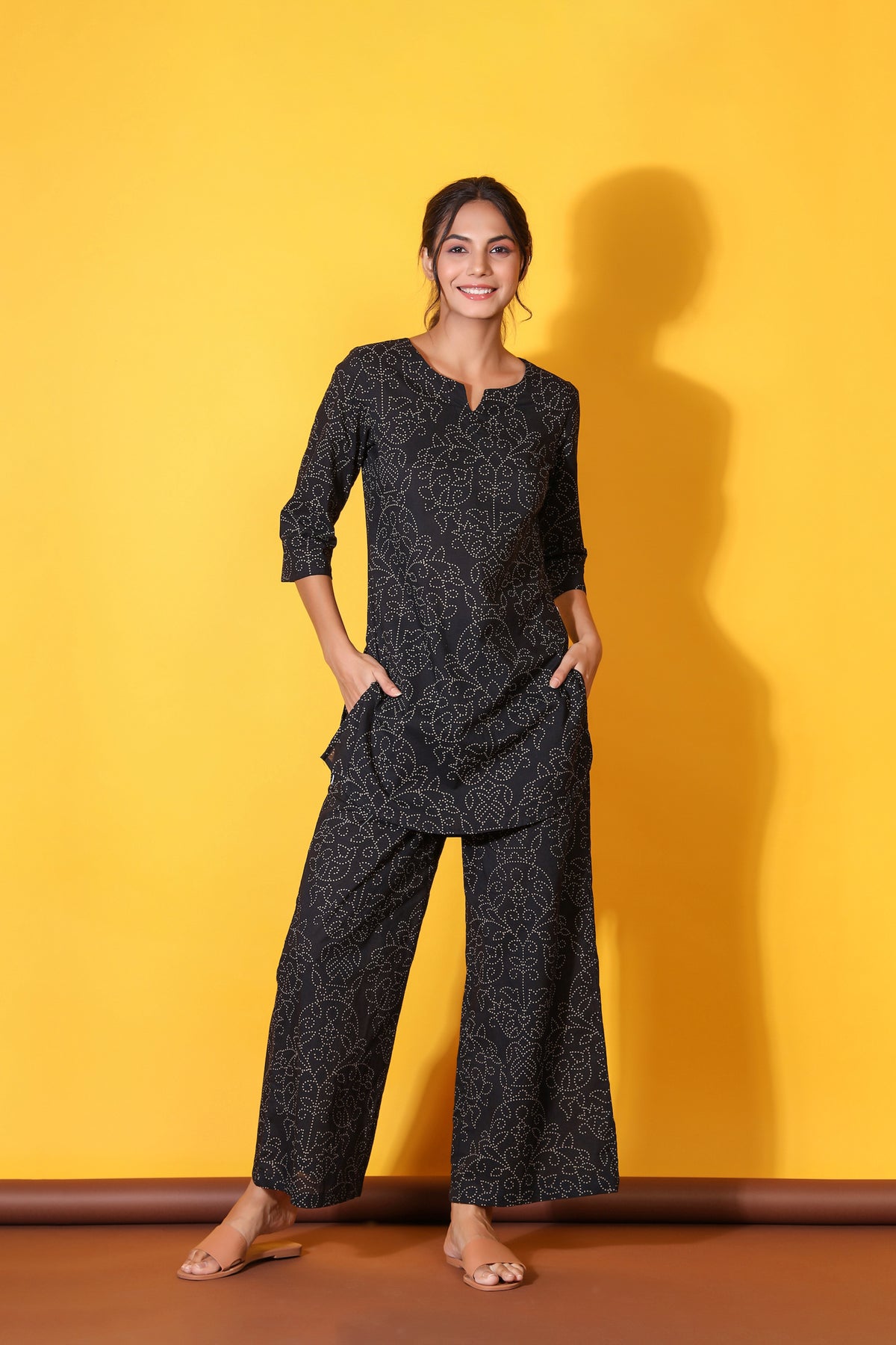 Floral Bandhani Motifs on Black Cotton Loungewear Top Set