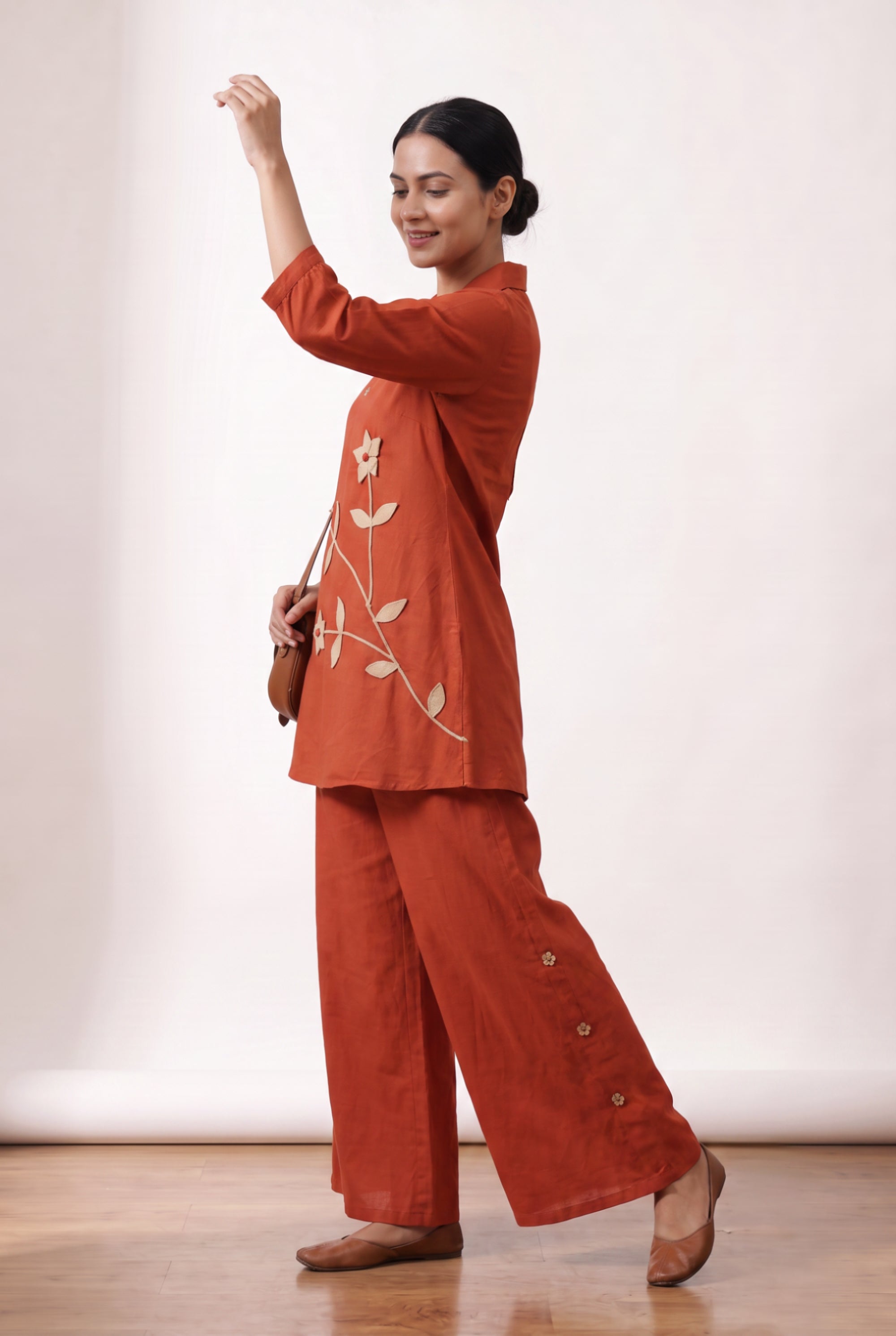Rust Orange Floral V-Neck Embroidered Cotton Co-ord Set for Casual & Festive Wear