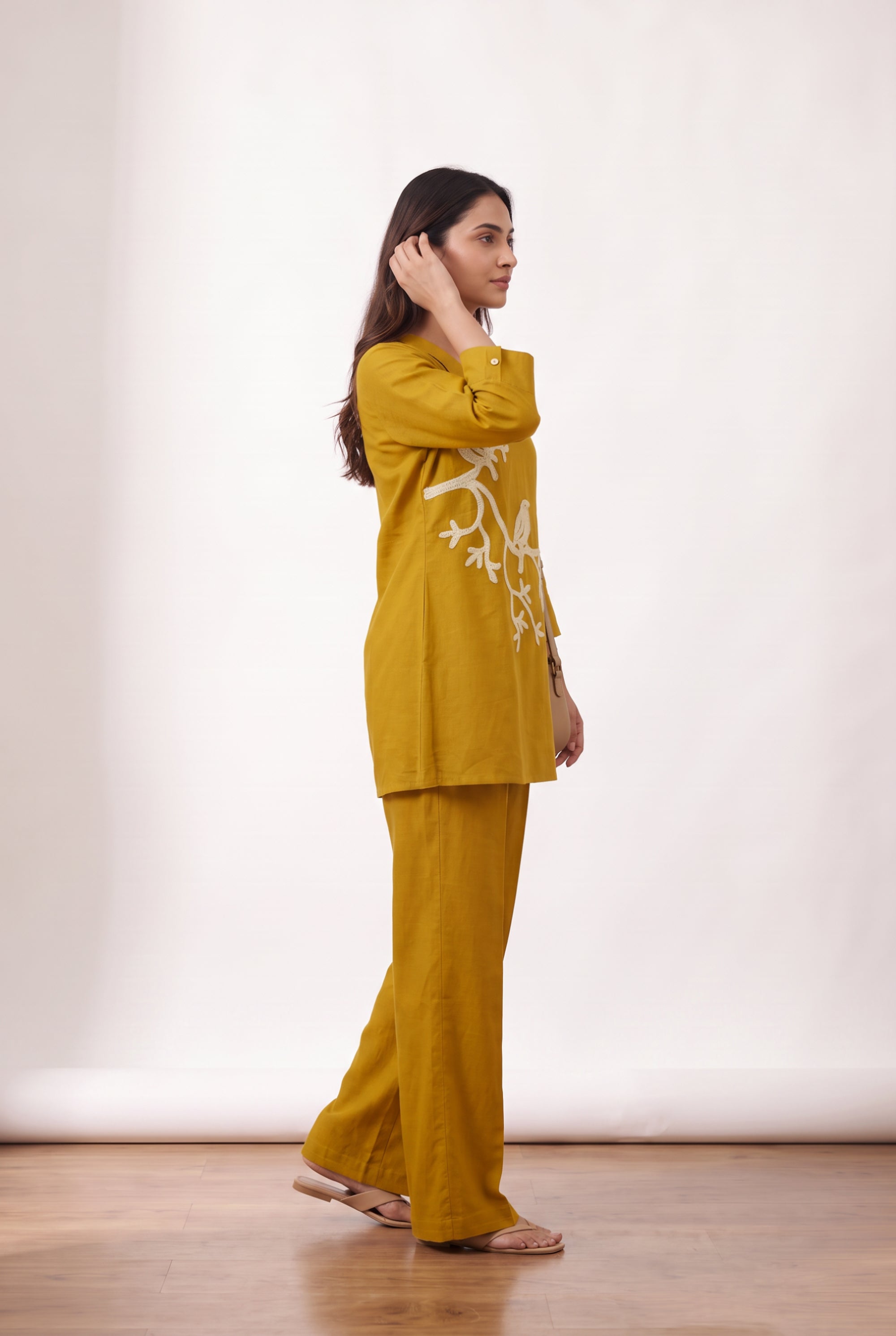 Mustard Bird Embroidered Cotton Flex Co-ord Set with V-Neck Lapel Collar Tunic and Straight-Fit Pants