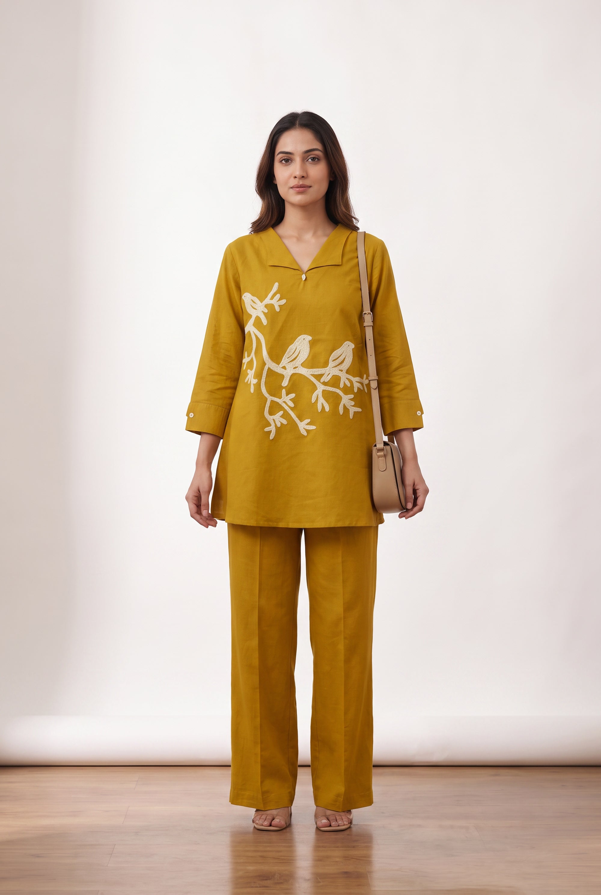 Mustard Bird Embroidered Cotton Flex Co-ord Set with V-Neck Lapel Collar Tunic and Straight-Fit Pants