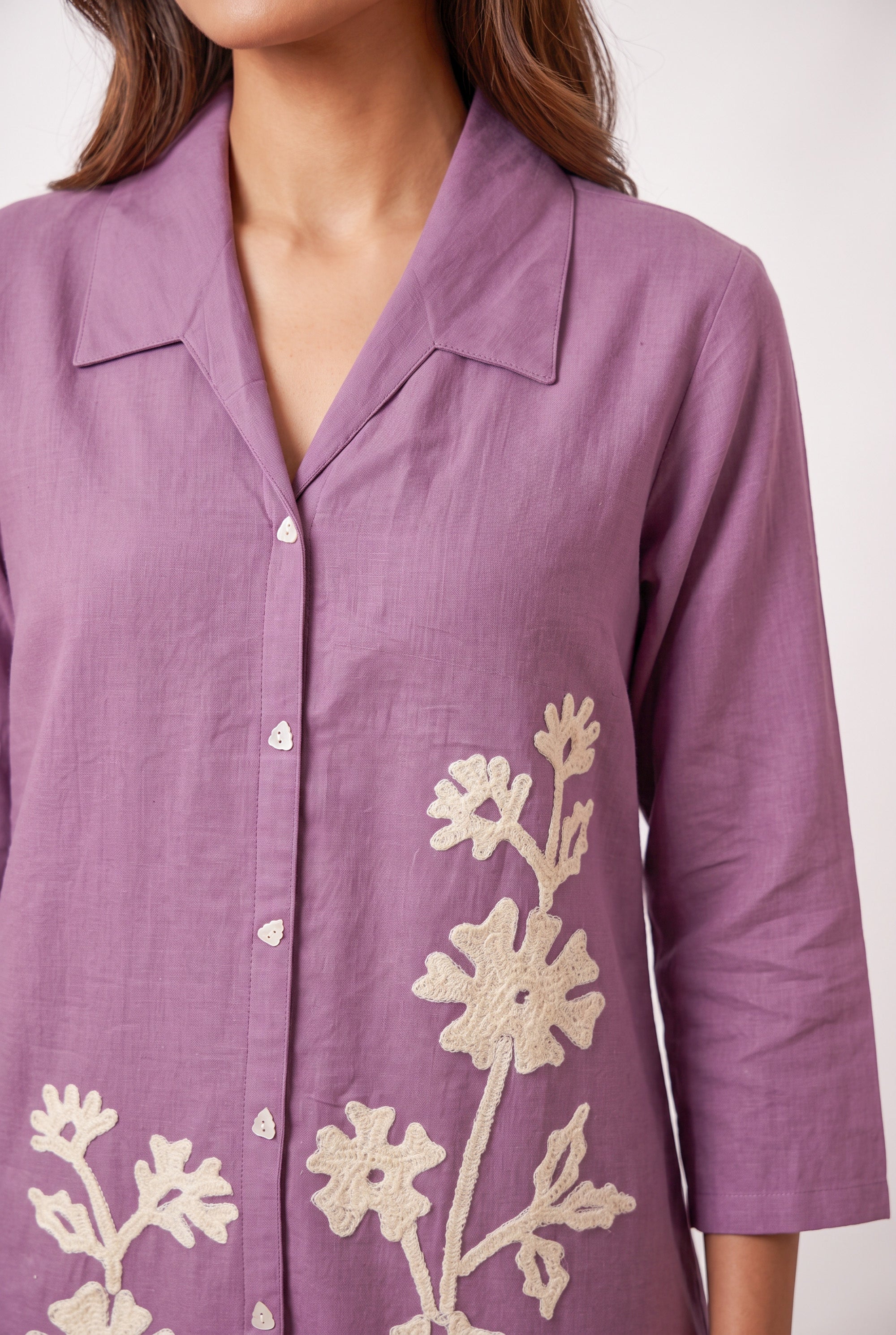 Purple Floral Button-Down Embroidery Casual Cotton Flex Co-ord Set with Straight Pants
