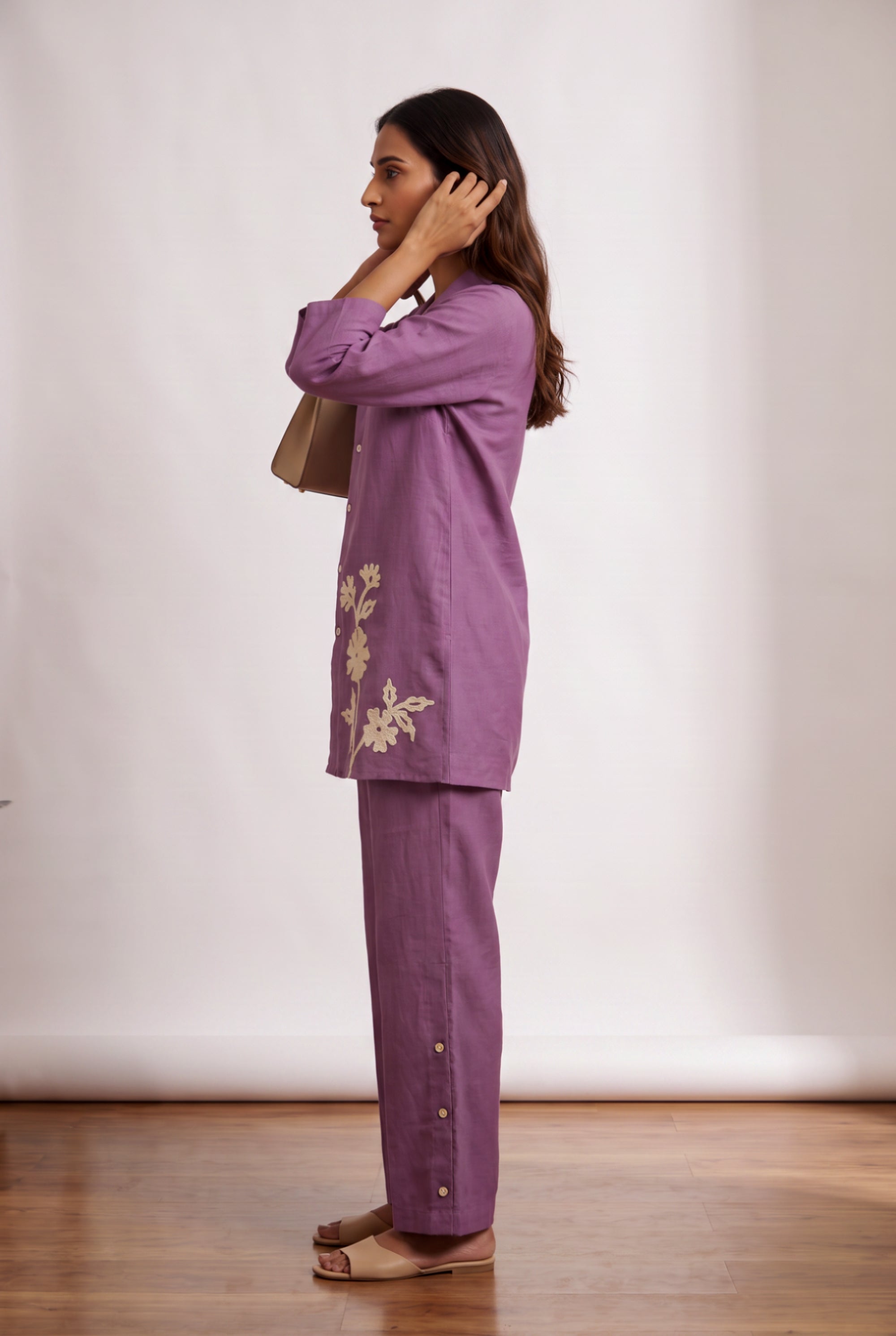 Purple Floral Button-Down Embroidery Casual Cotton Flex Co-ord Set with Straight Pants