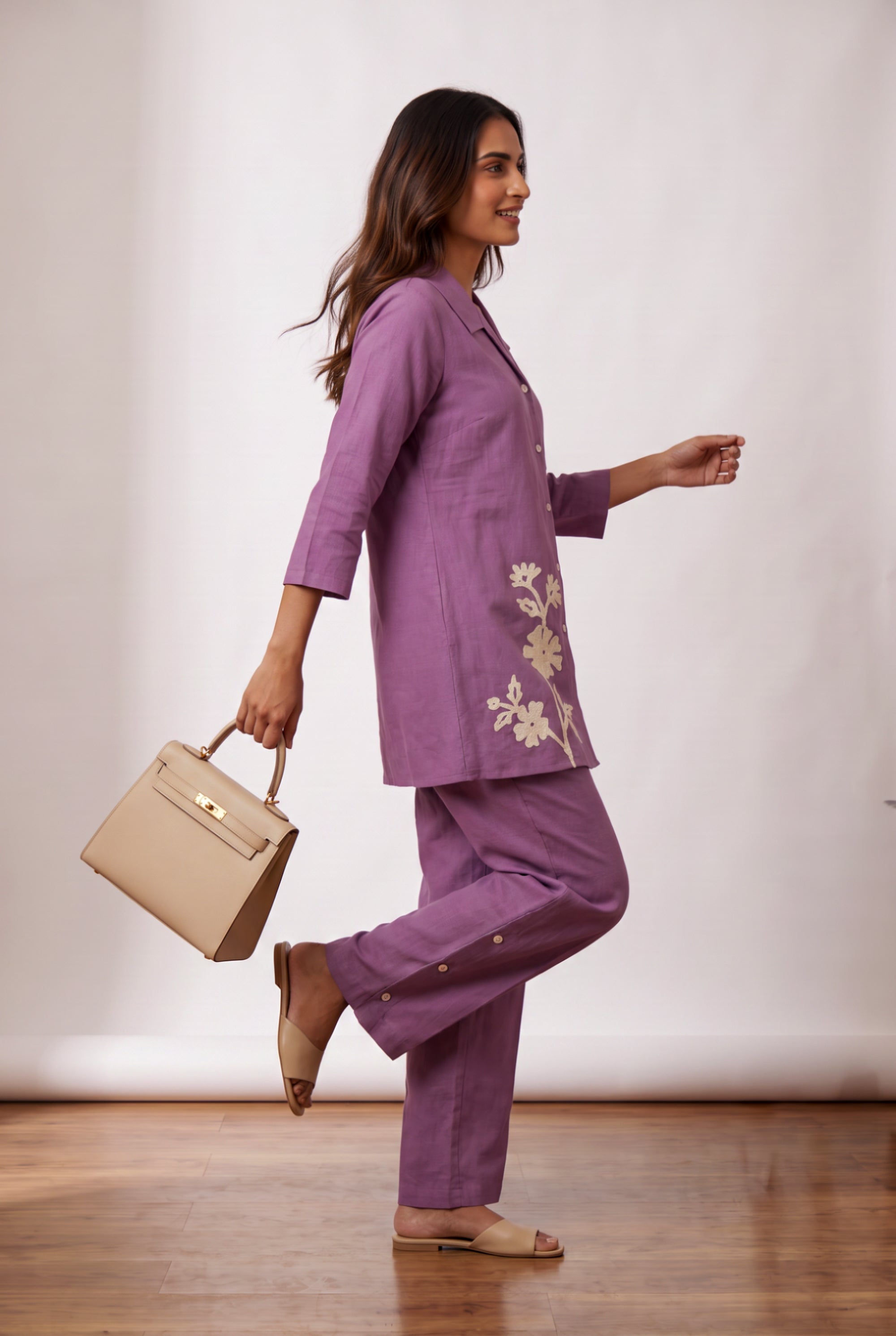 Purple Floral Button-Down Embroidery Casual Cotton Flex Co-ord Set with Straight Pants